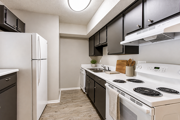 Modern kitchen with sleek dark cabinets, white appliances, and chic wood flooring, perfect for culinary creativity.