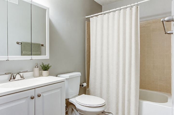 Bright and modern bathroom featuring a sleek vanity, elegant mirror cabinet, and pristine bathtub with shower curtain.