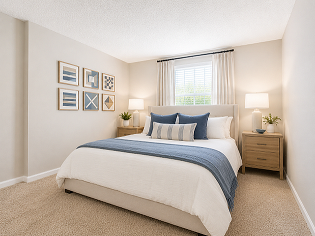Inviting bedroom featuring a plush, blue-accented bed, modern artwork, and large window for natural light.