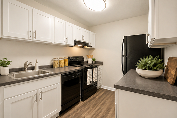 Modern kitchen with sleek white cabinets, black appliances, and stylish wooden flooring, creating an elegant cooking space.