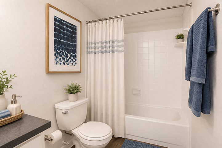 Modern bathroom with sleek fixtures, inviting bathtub, and stylish decor, featuring elegant blue accents and a framed abstract painting.