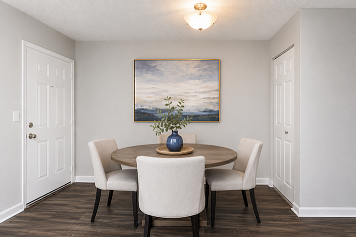 Elegant dining area featuring a round wooden table with four beige chairs, accented by a calming landscape painting and a stylish vase centerpiece.