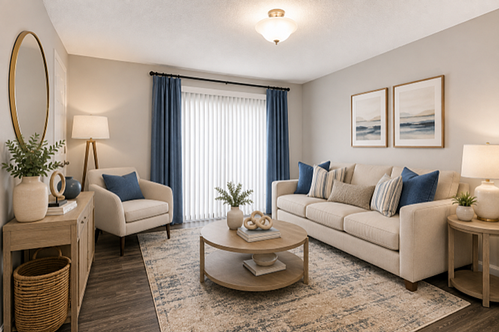 Elegant living room with plush sofas, chic decor, and natural light streaming through floor-to-ceiling curtains, creating a warm and inviting atmosphere.