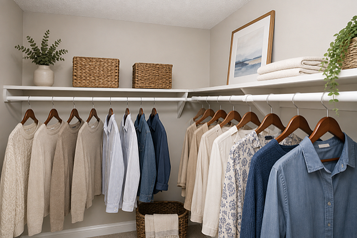 Immaculately organized walk-in closet showcasing neatly arranged clothes, woven baskets, and elegant decor for stylish living.