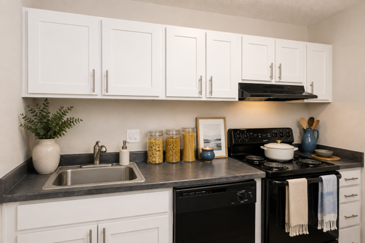 Charming kitchen with sleek countertops, modern white cabinetry, and elegant decor accessories.