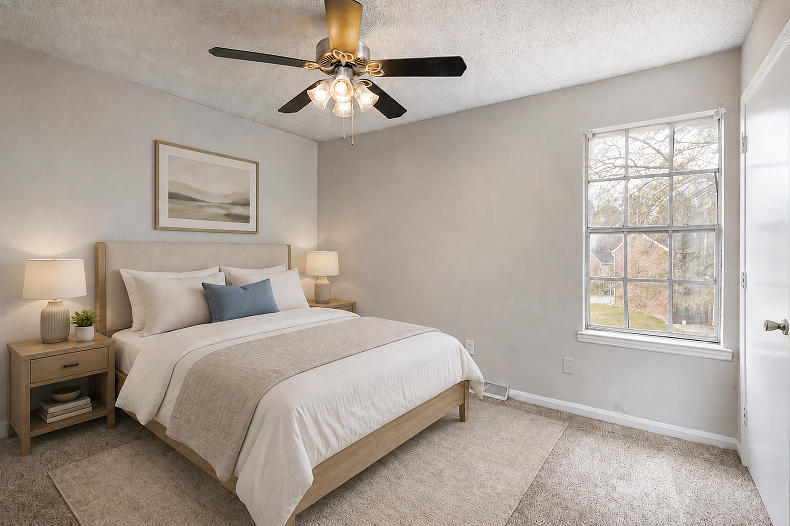 Elegant bedroom with a plush bed, cozy ambiance, and large window offering natural light.