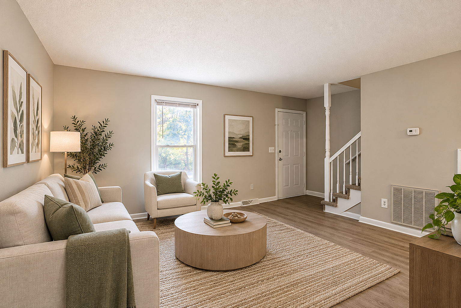 Inviting living room with neutral decor, cozy seating, and natural light, ideal for modern relaxation.
