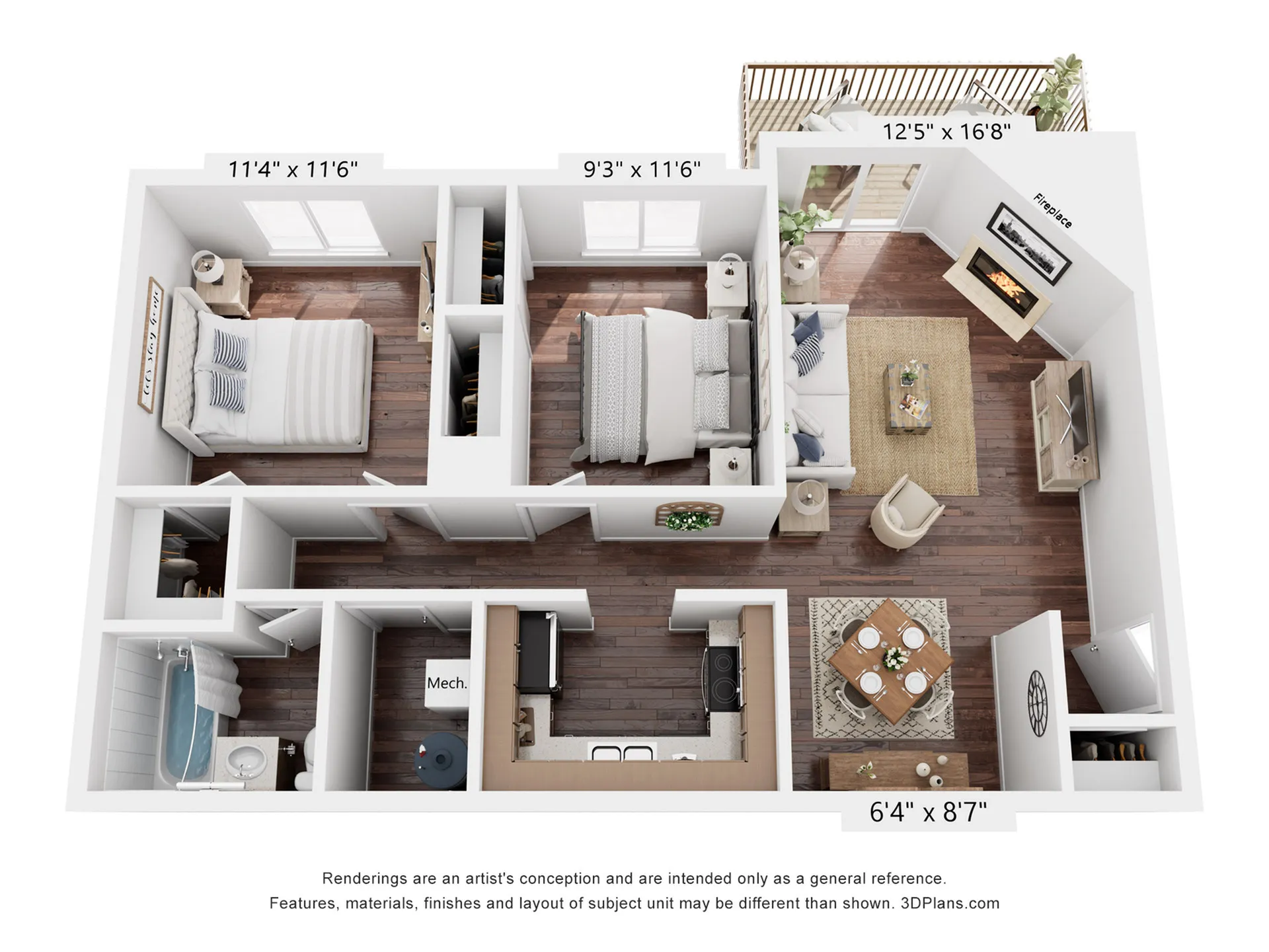 Elegant 3D floor plan showcasing two spacious bedrooms, a cozy living room with a fireplace, modern kitchen, and dining area, complemented by a stylish balcony.