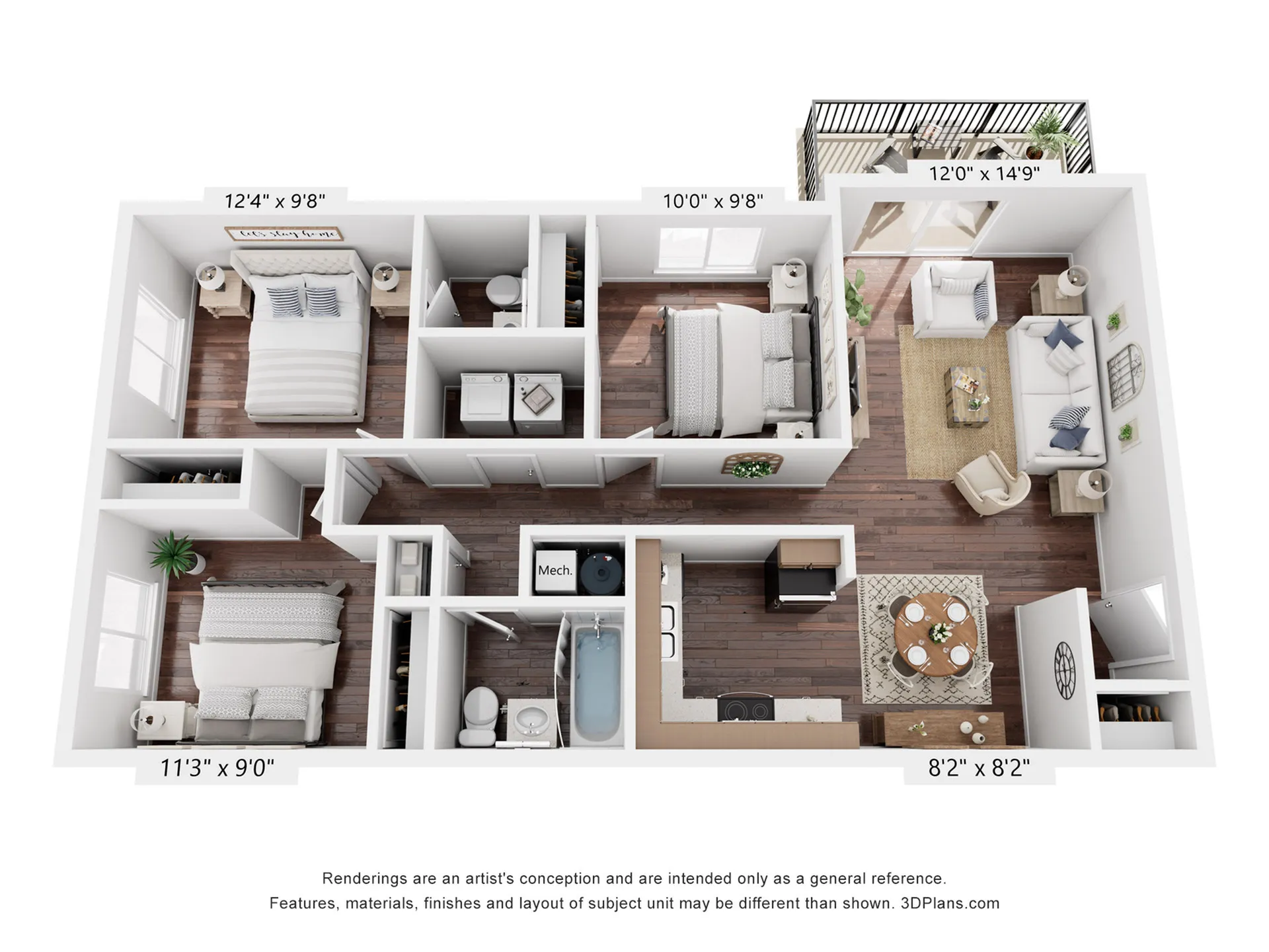 Modern 3D floor plan showcasing 2 bedrooms, a cozy living area, a stylish kitchen, and an inviting balcony, perfect for urban living.