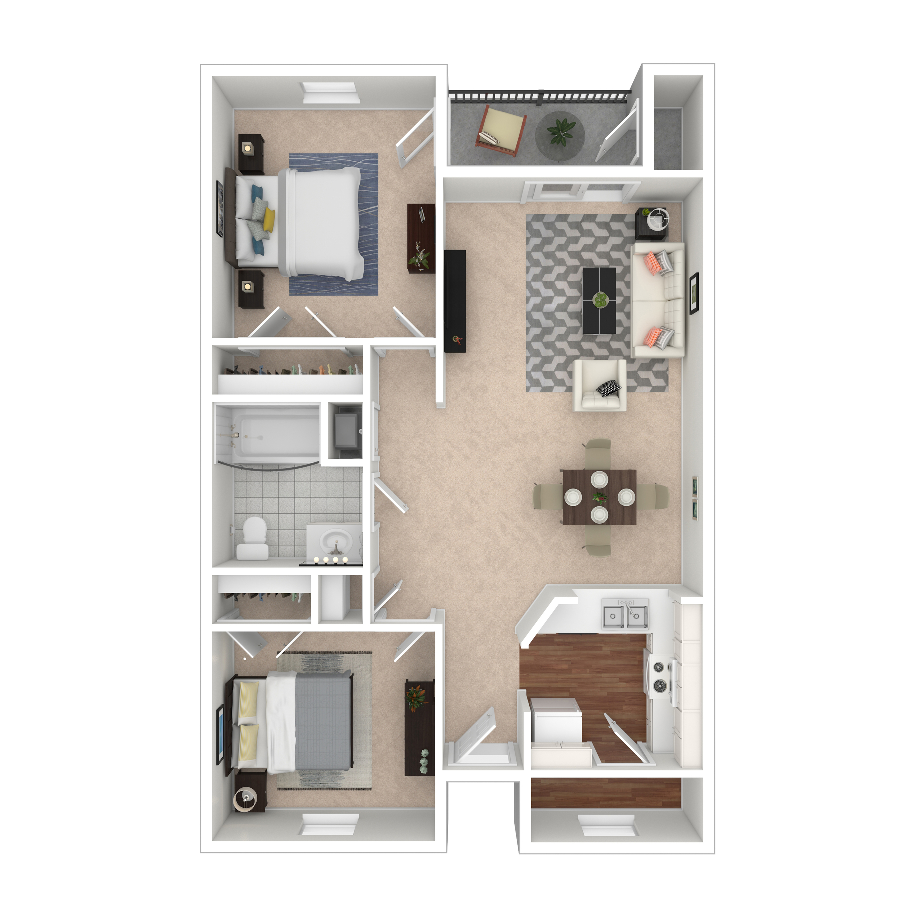 Modern 2-bedroom apartment floor plan with open living and dining area, cozy bedrooms, and a stylish kitchen.