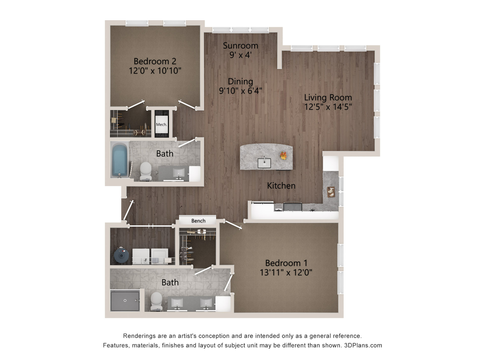 Elegant 2D floor plan showcasing 2 bedrooms, a sunroom, and an open kitchen with island, designed for comfort and style.