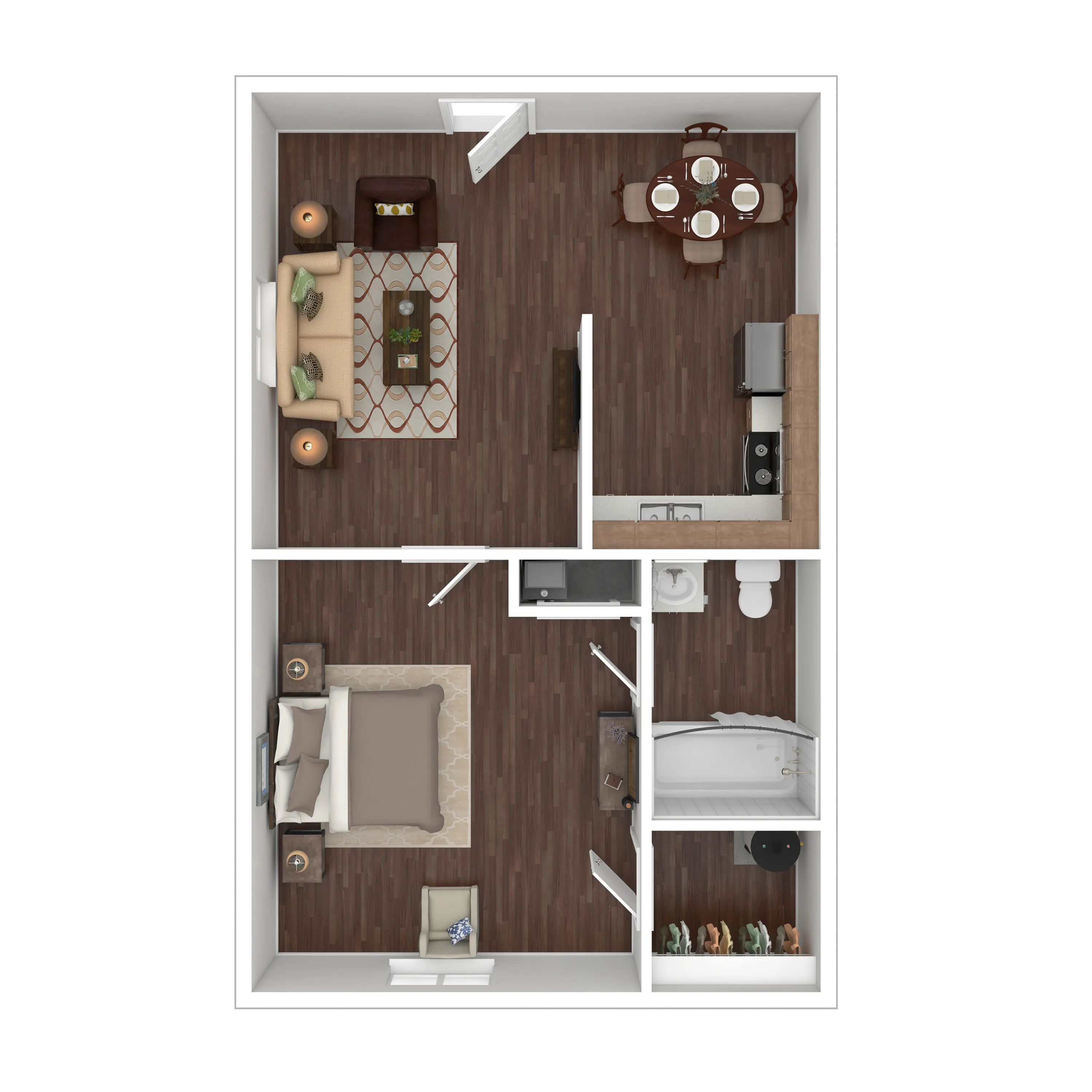 Detailed 3D floor plan of a one-bedroom apartment with open-plan living and dining area.
