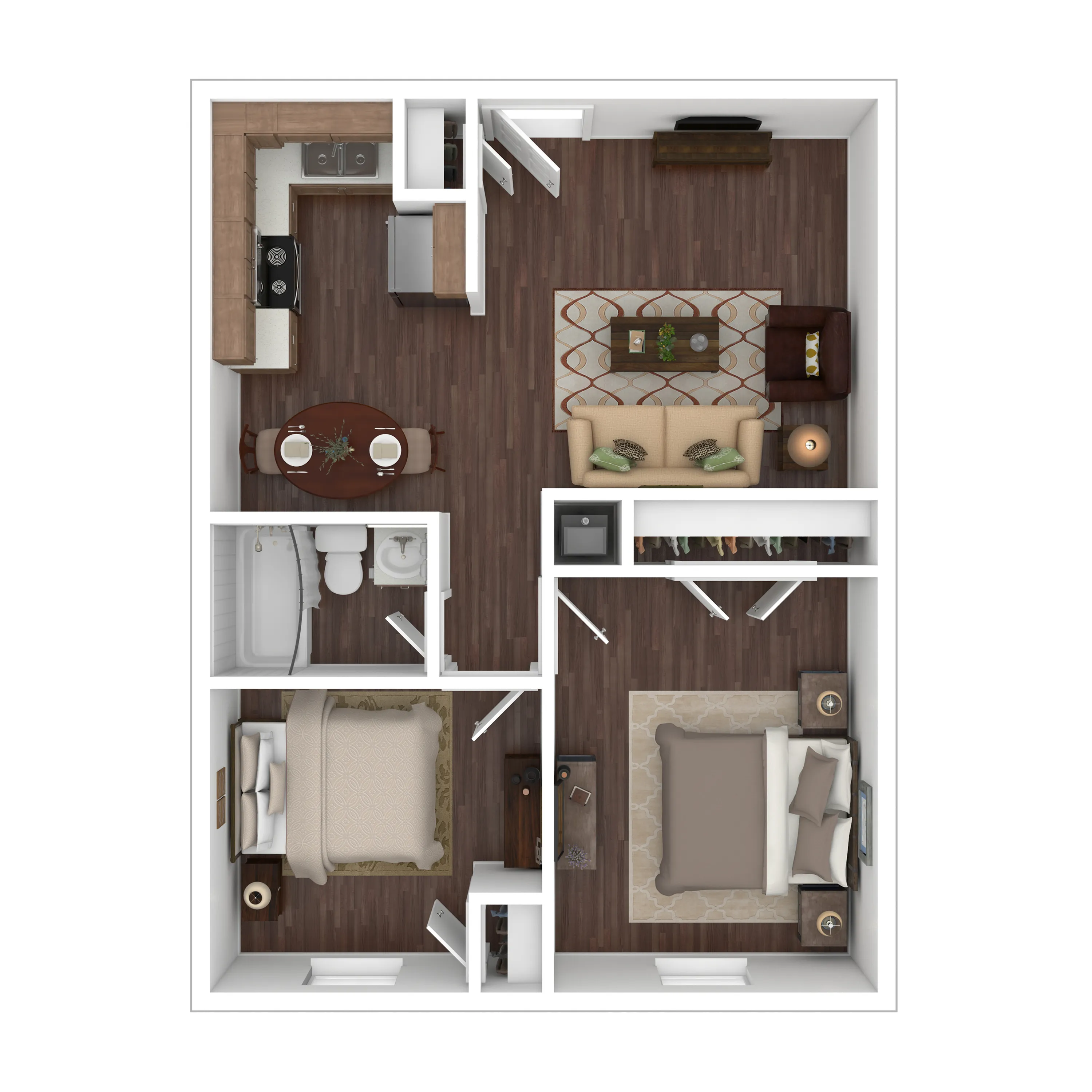 Contemporary 2D floor plan featuring 2 bedrooms, a cozy living room, and a modern kitchen.