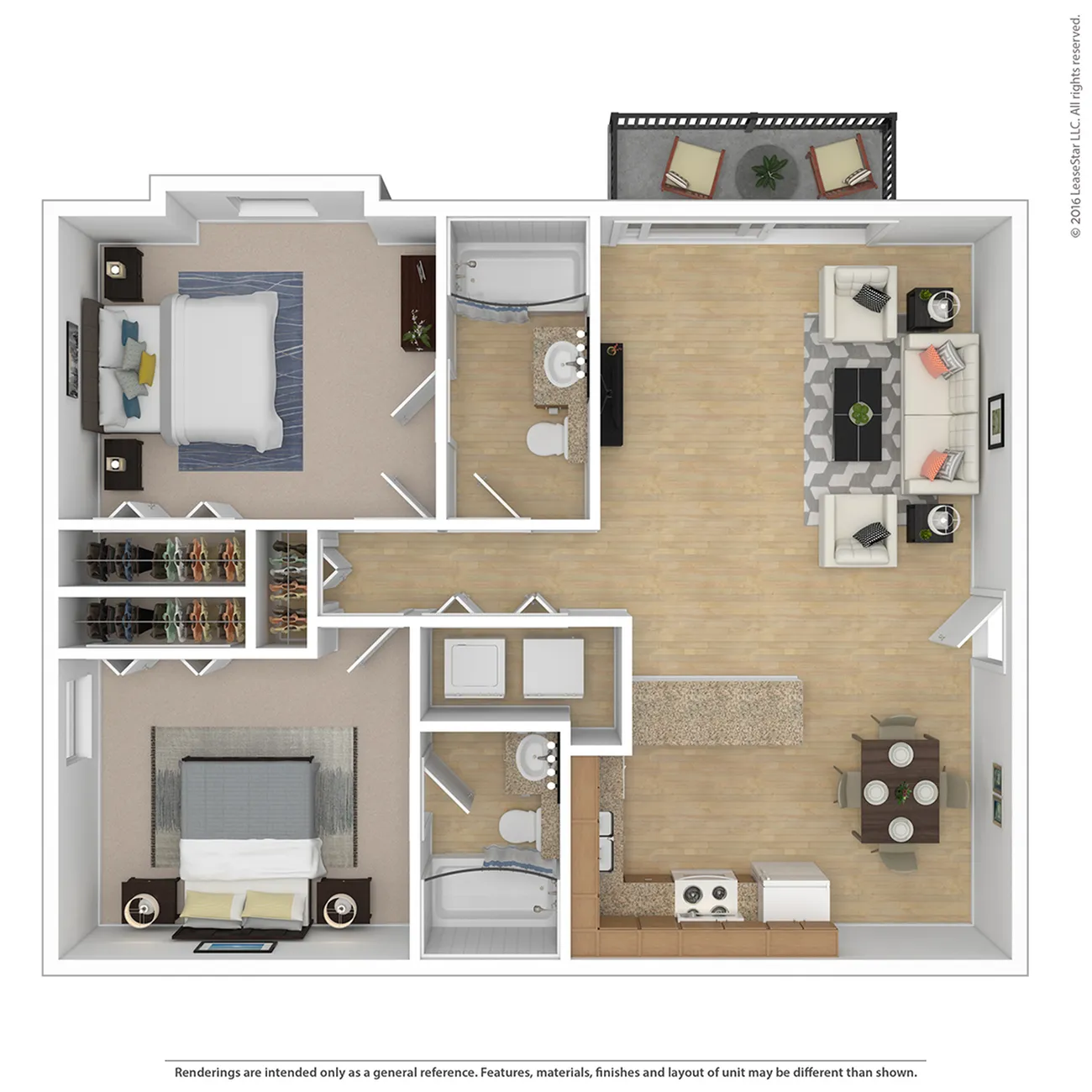 Open-concept apartment floor plan with 2 bedrooms, 2 bathrooms, modern kitchen, and a vibrant living area.