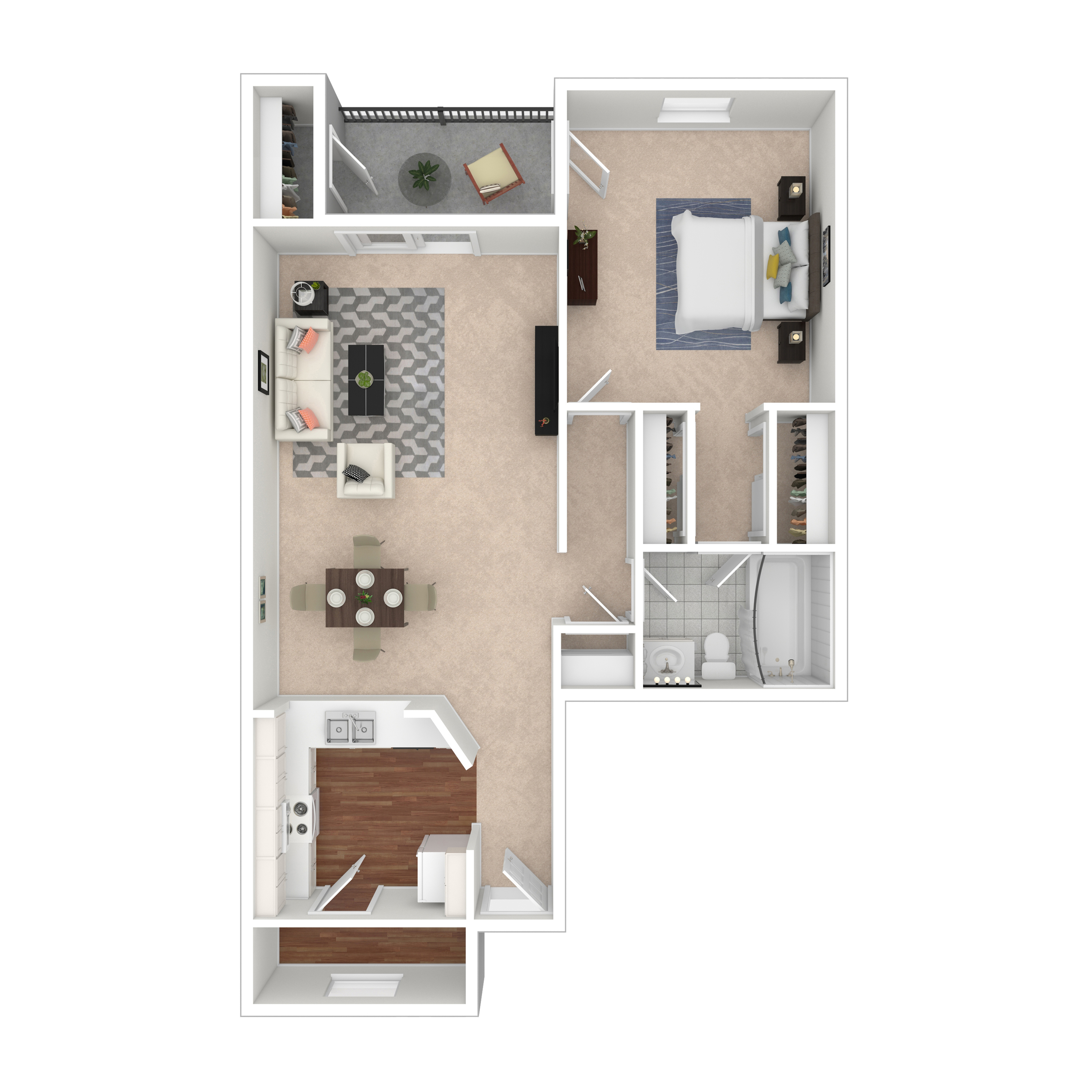 Elegant 3D floor plan with one bedroom, open living-dining area, and a modern kitchen.