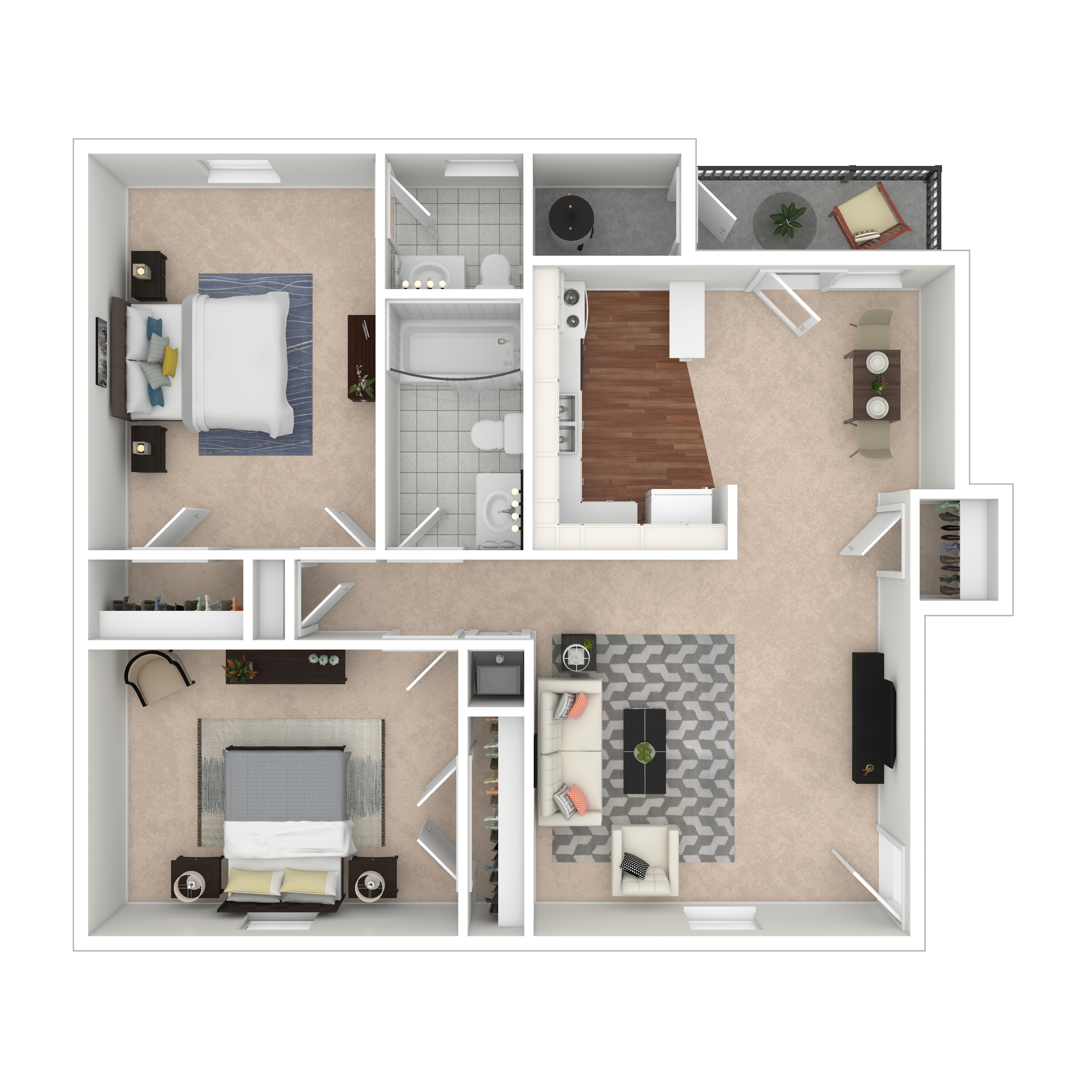Chic floor plan displaying two bedrooms, a modern kitchen, open living area, and balcony.