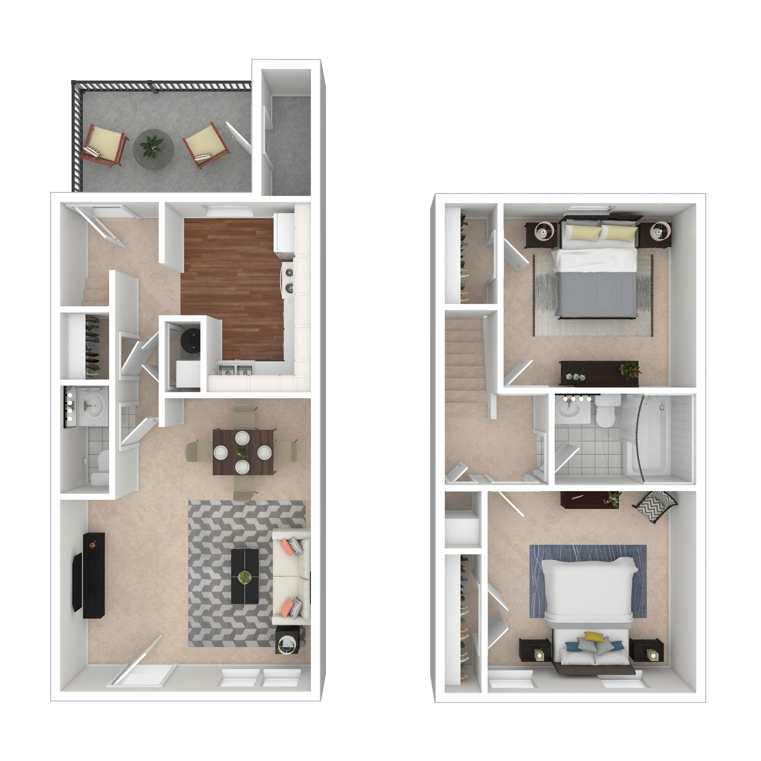 Chic floor plan of a duplex featuring two spacious bedrooms, an inviting living room, a modern kitchen, and a cozy balcony.
