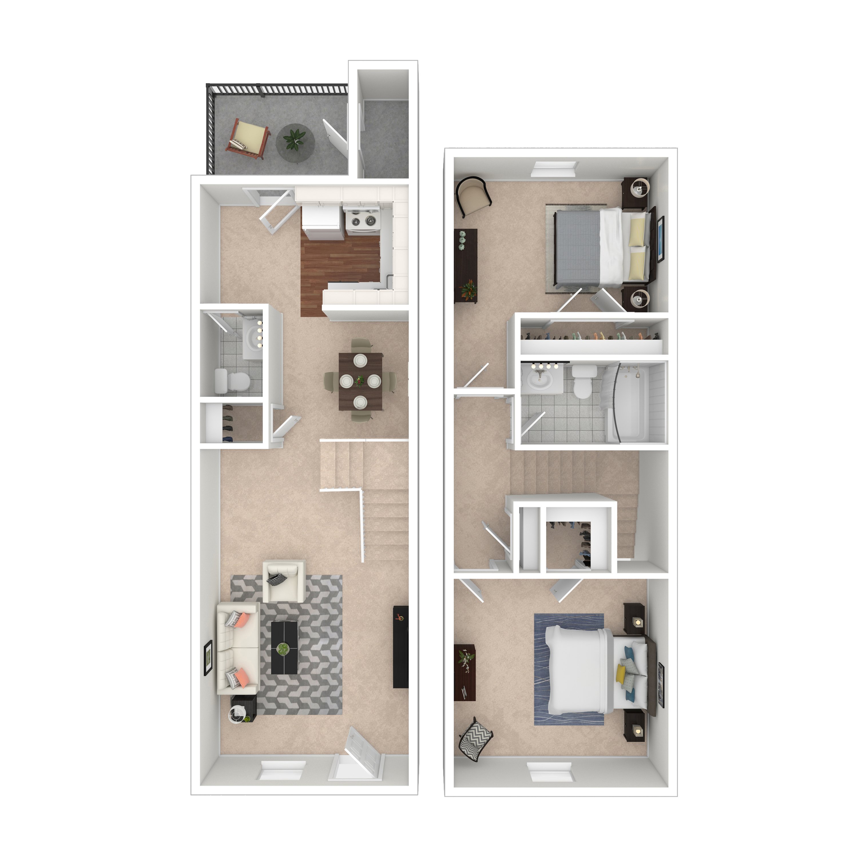 Chic 3D floor plan showcasing a spacious duplex with a modern kitchen and cozy living area.