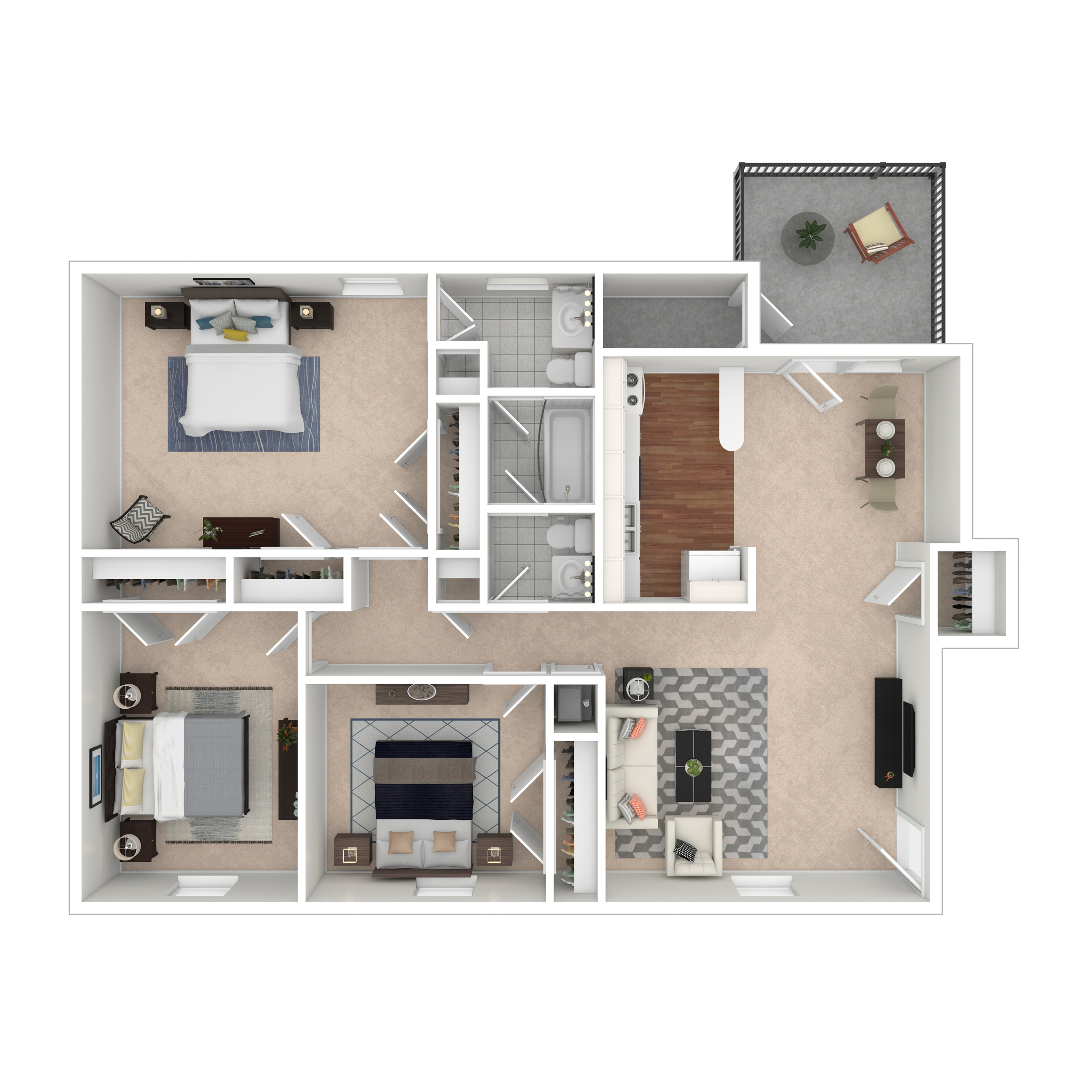 3D apartment floor plan displaying two bedrooms, open living-dining area, and a balcony.