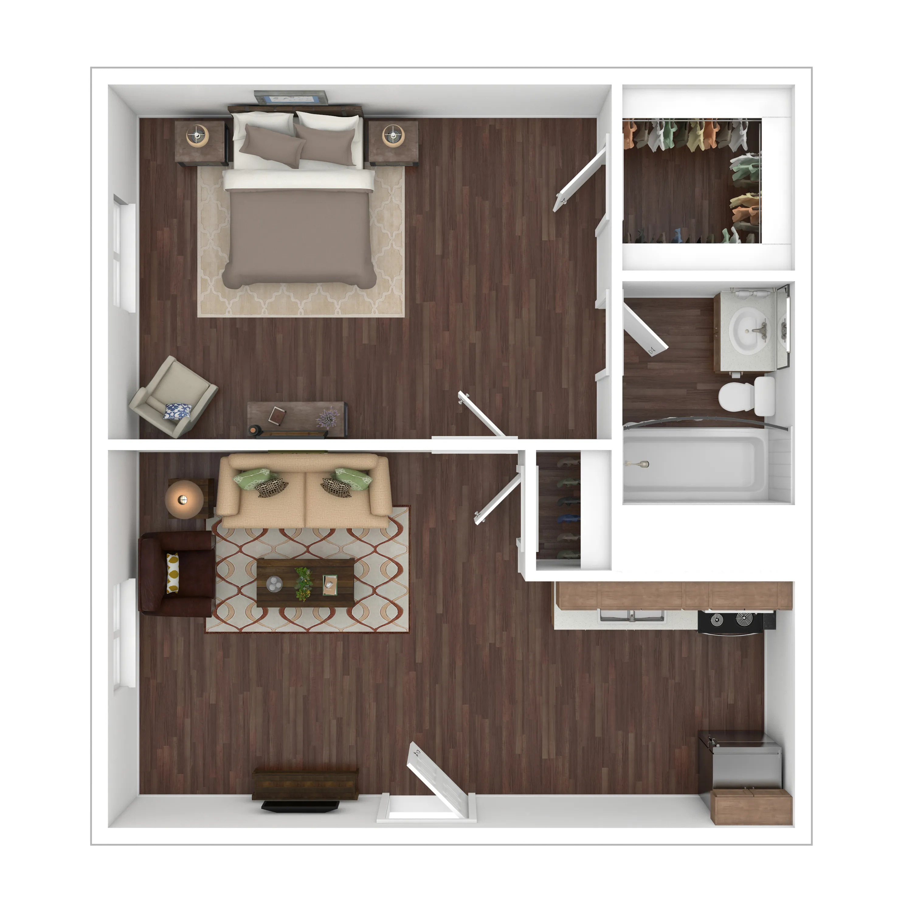 Elegant 2D floor plan with one bedroom, open living room, and well-equipped kitchen.