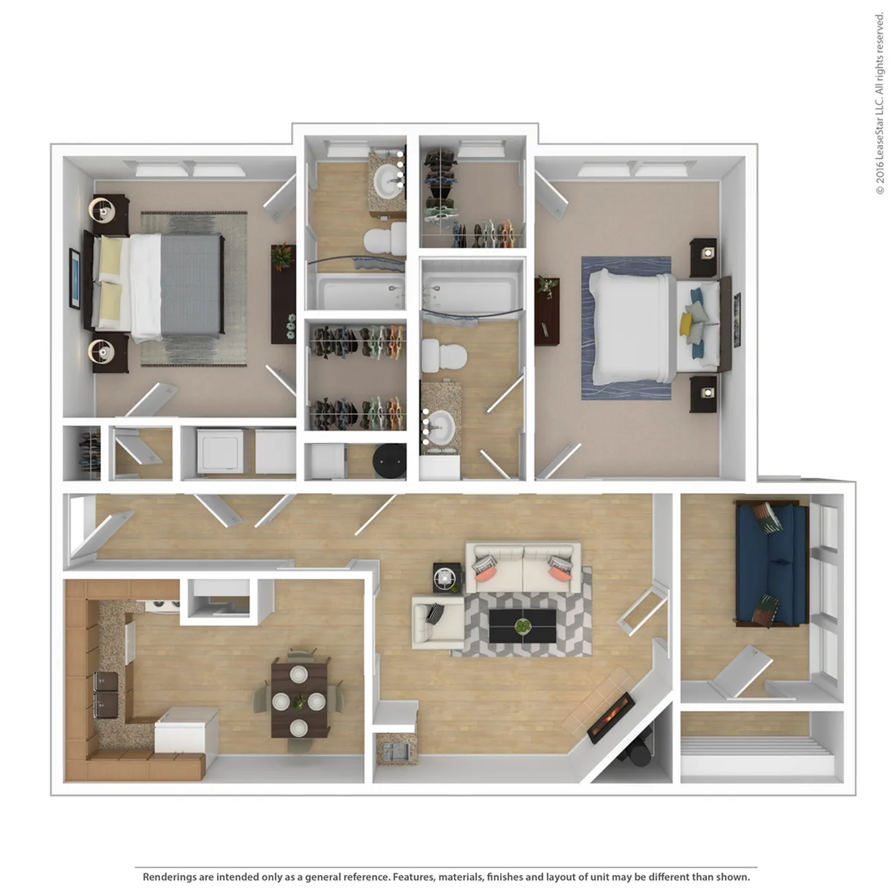 Modern 3D floor plan showcasing 2 bedrooms, 2 bathrooms, spacious living area, and open kitchen design.
