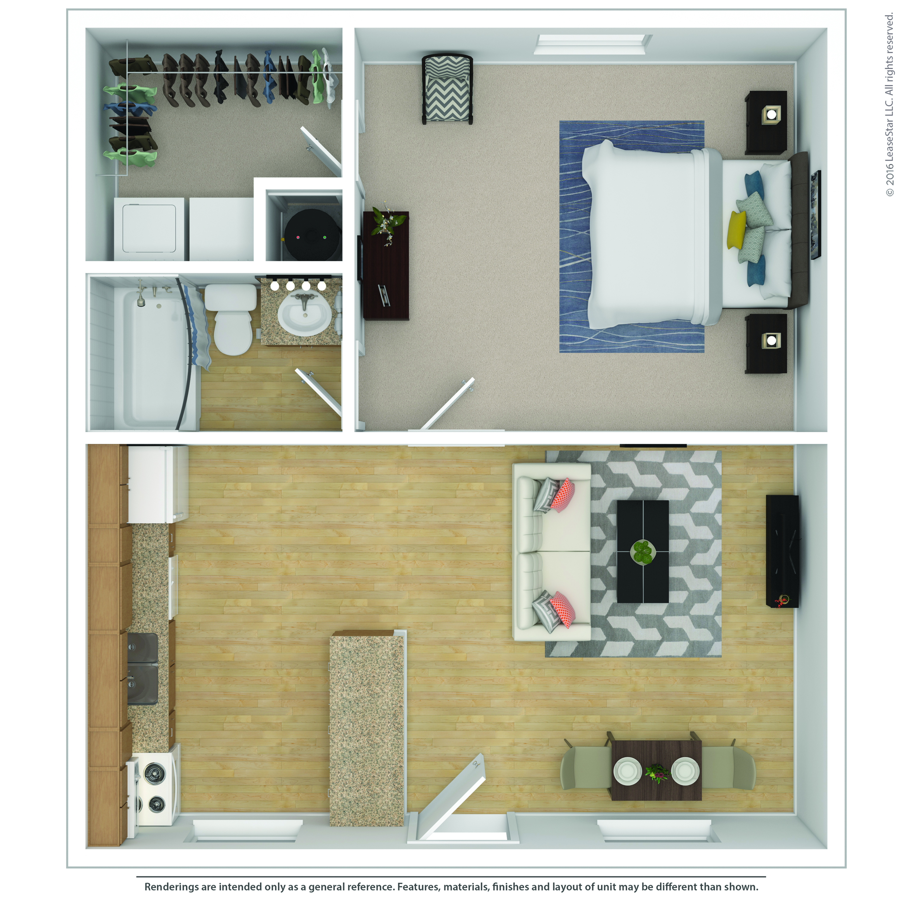 Modern 1-bedroom apartment floor plan featuring an open-concept kitchen and living area, stylish bathroom, and ample storage space.