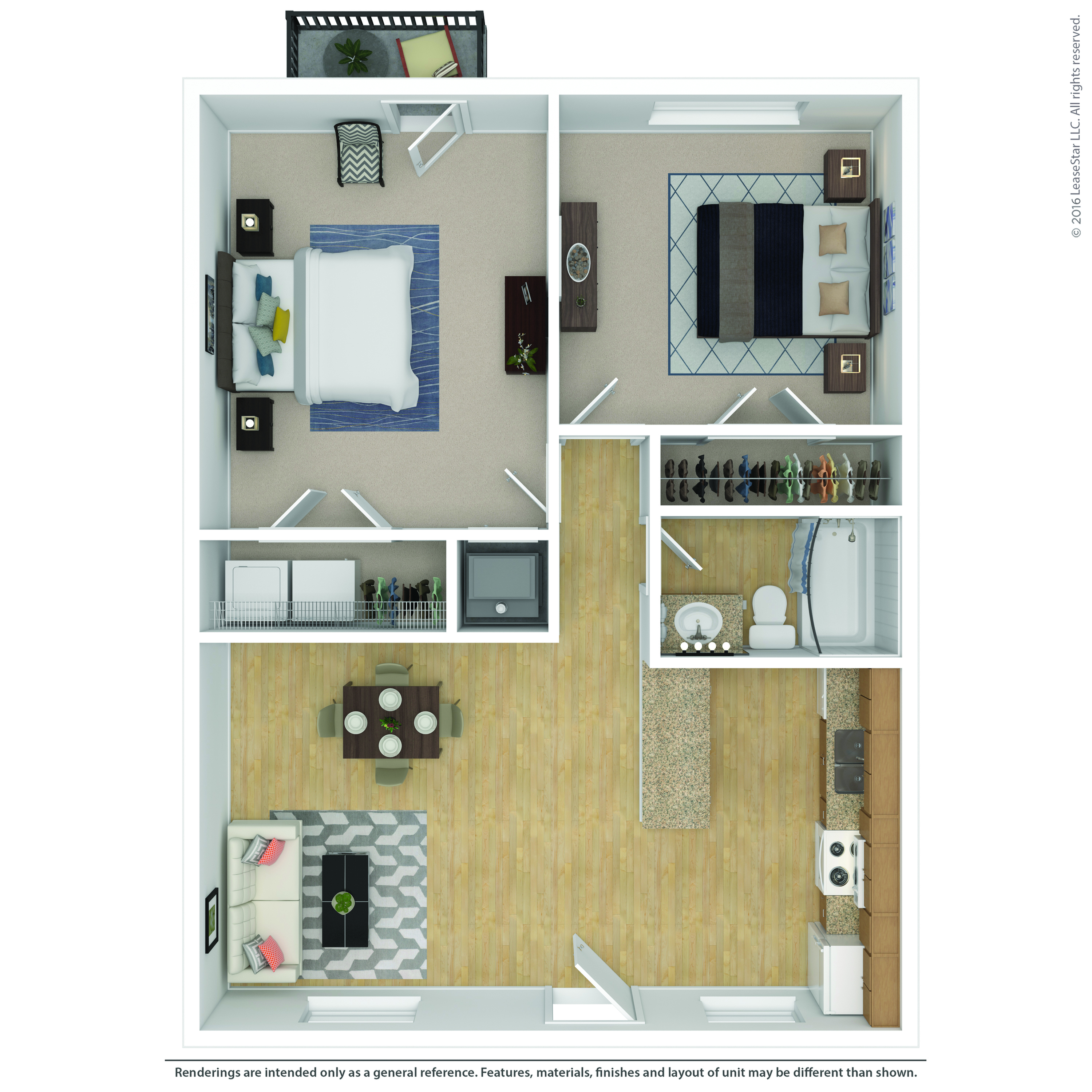 Modern floor plan showcasing a spacious two-bedroom apartment with a cozy living area, sleek kitchen, and elegant bathroom, featuring ample closet space and a stylish dining area.