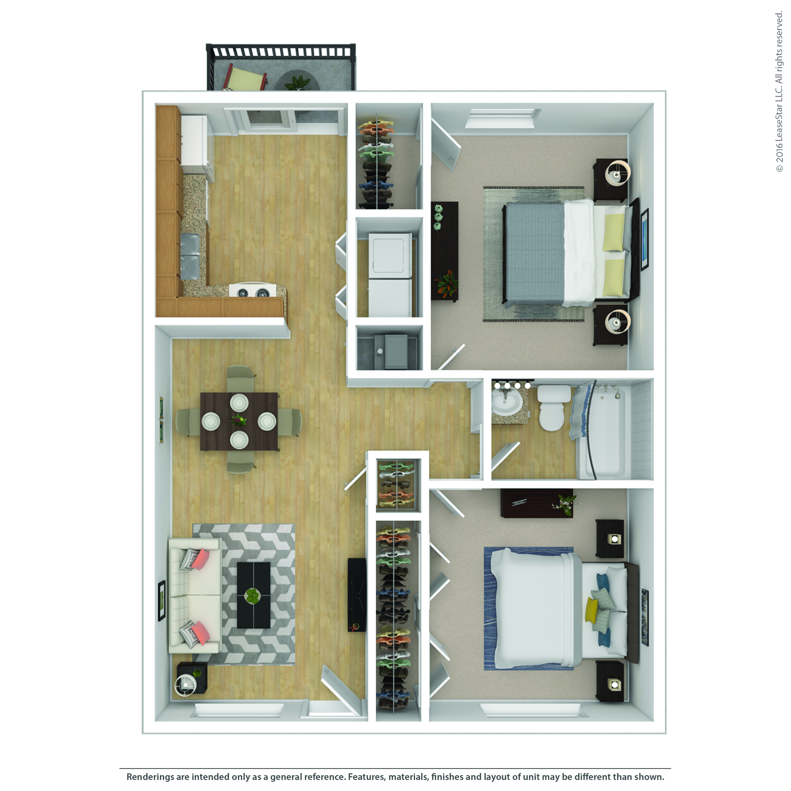 Modern floor plan showcasing 2 spacious bedrooms, an open living area, sleek kitchen, and private balcony for serene views.