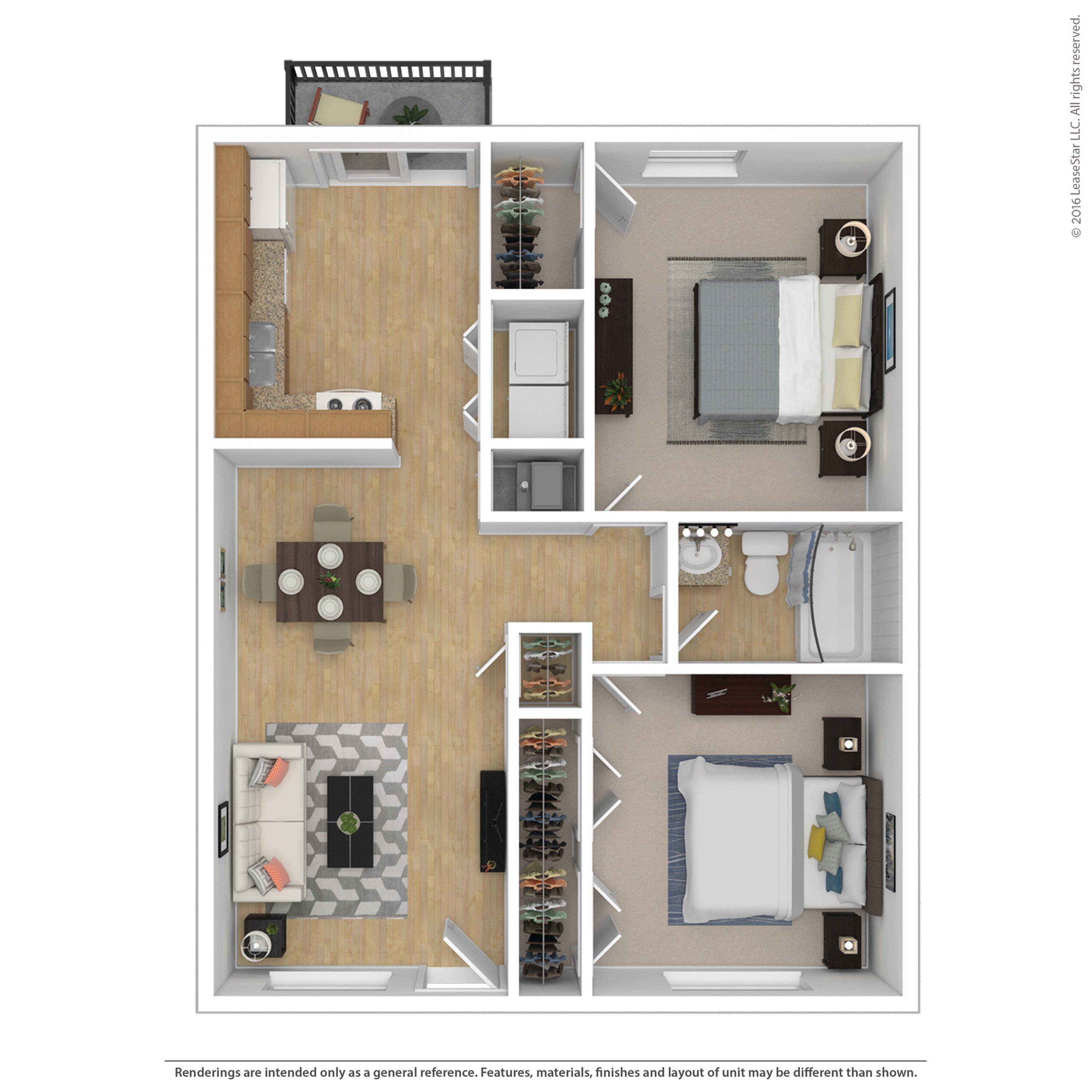 Modern 2D floor plan featuring 2 bedrooms, open living and dining area, and sleek kitchen with balcony access.