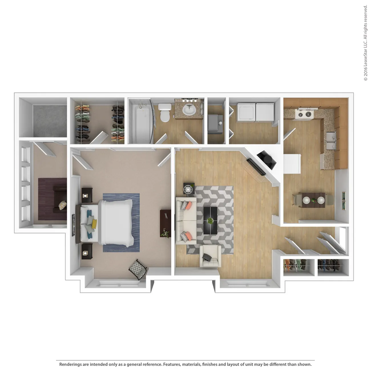 Modern 3D floor plan featuring a spacious bedroom, open living area, sleek kitchen with dining space, and efficient bathroom layout.