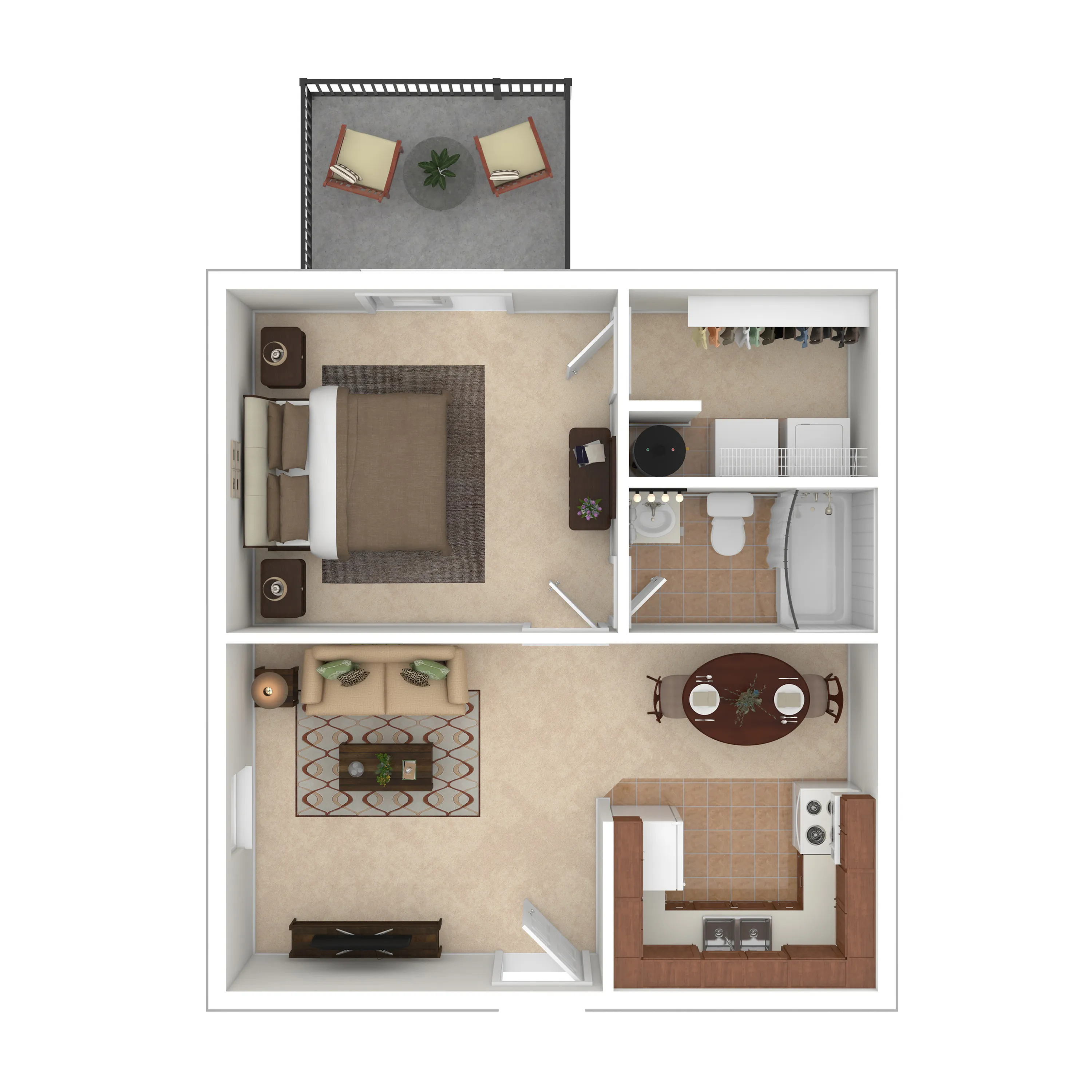 Modern 1-bedroom apartment floor plan featuring an inviting living area, cozy kitchen, elegant dining space, and a charming balcony.