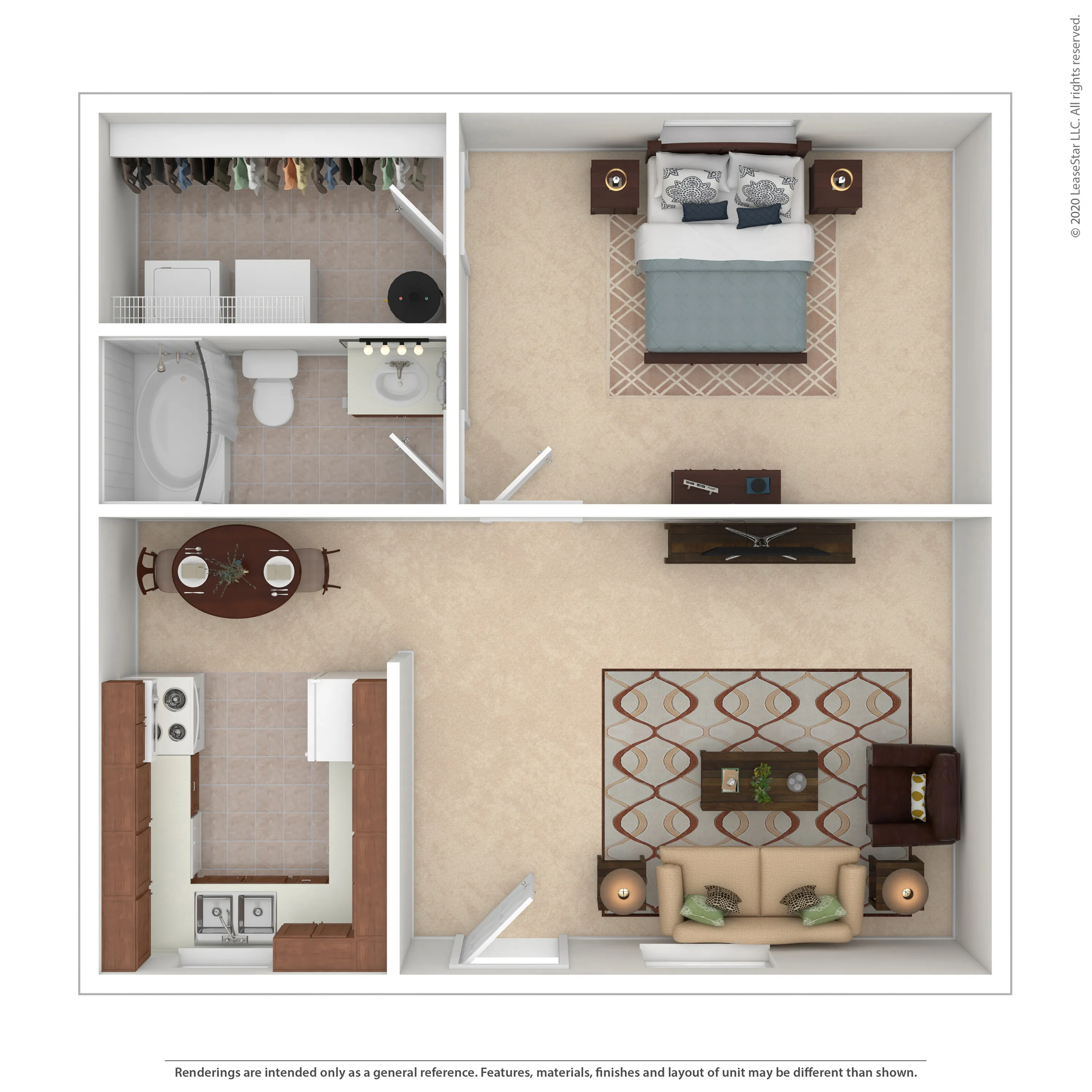 Charming 1-bedroom apartment floor plan featuring a cozy living room, efficient kitchen, spacious bathroom, and a convenient laundry area.