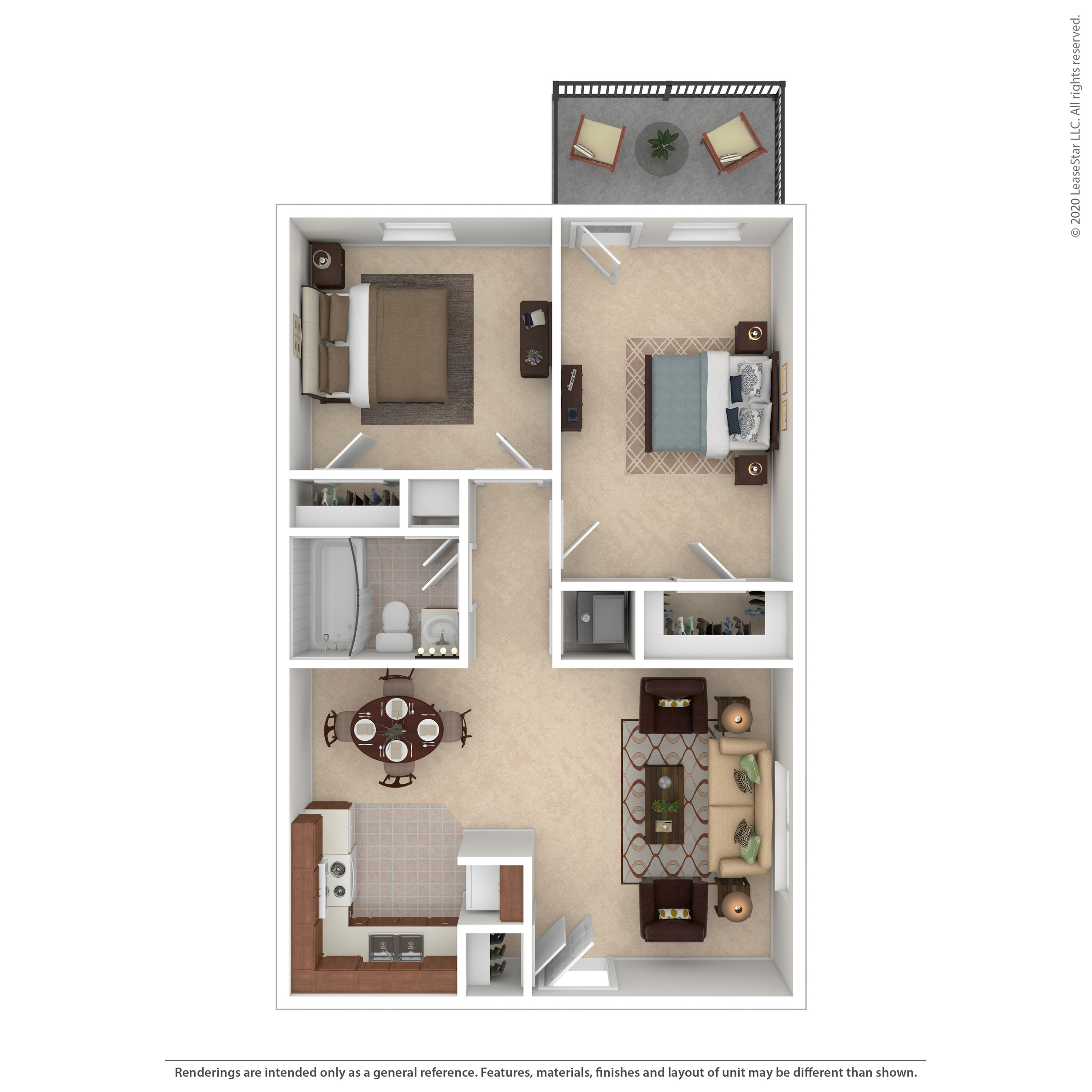 Modern 2-bedroom floor plan with cozy living room, elegant dining area, and a charming balcony.