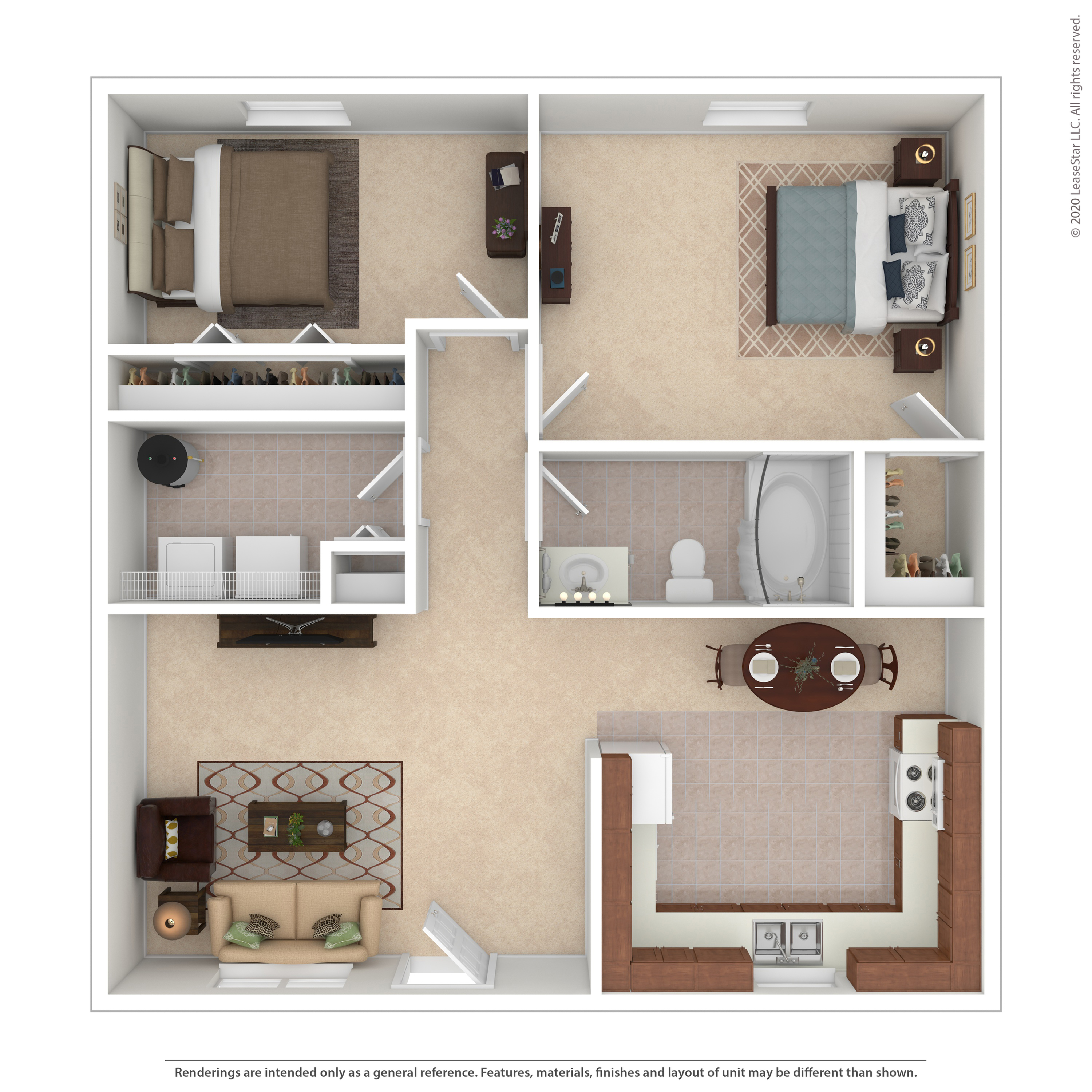 Charming floor plan showcasing a cozy 1-bedroom apartment with a bright living room, elegant kitchen, and intimate dining space.