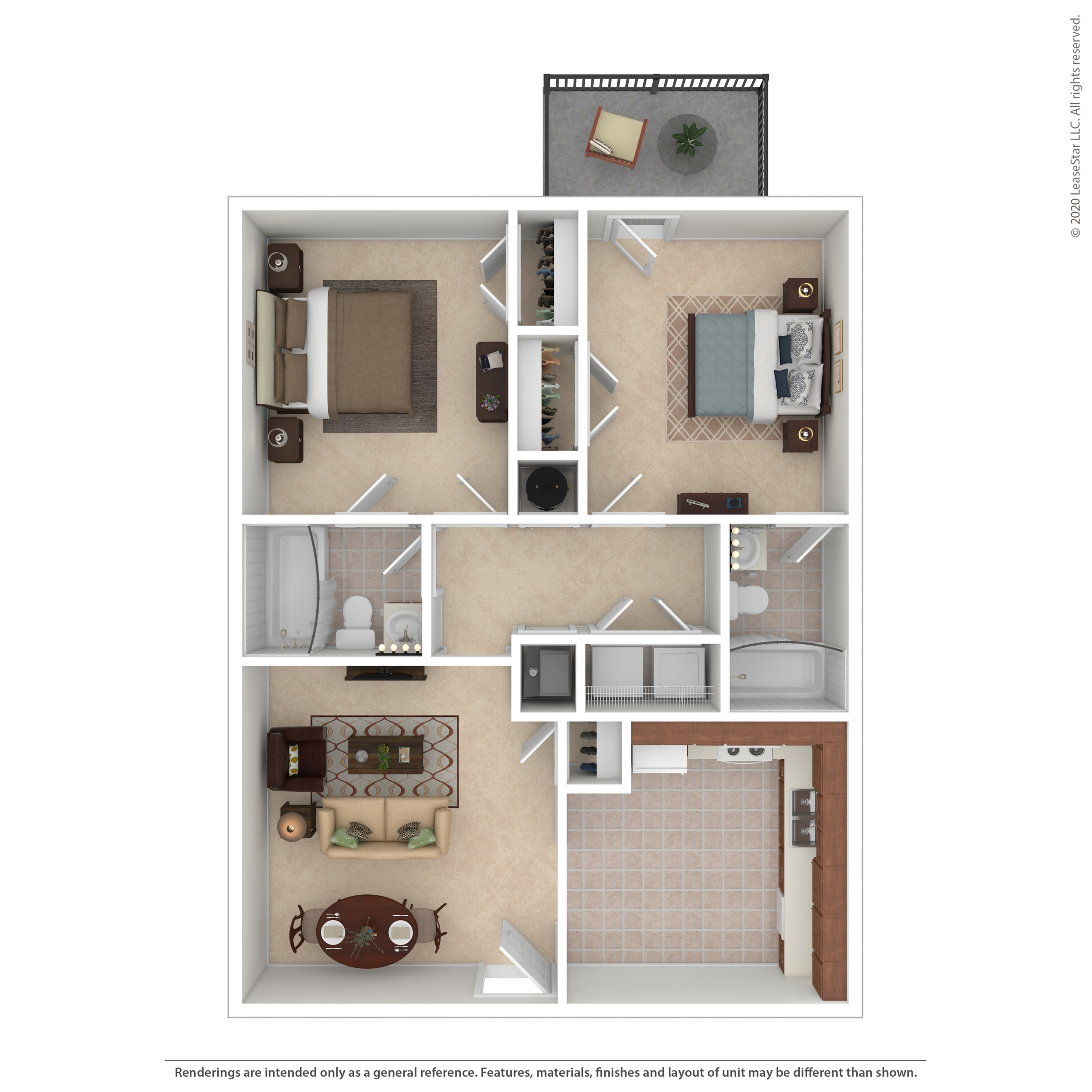 Chic 3D floor plan showcasing two spacious bedrooms, a cozy living room, and modern kitchen with elegant details.