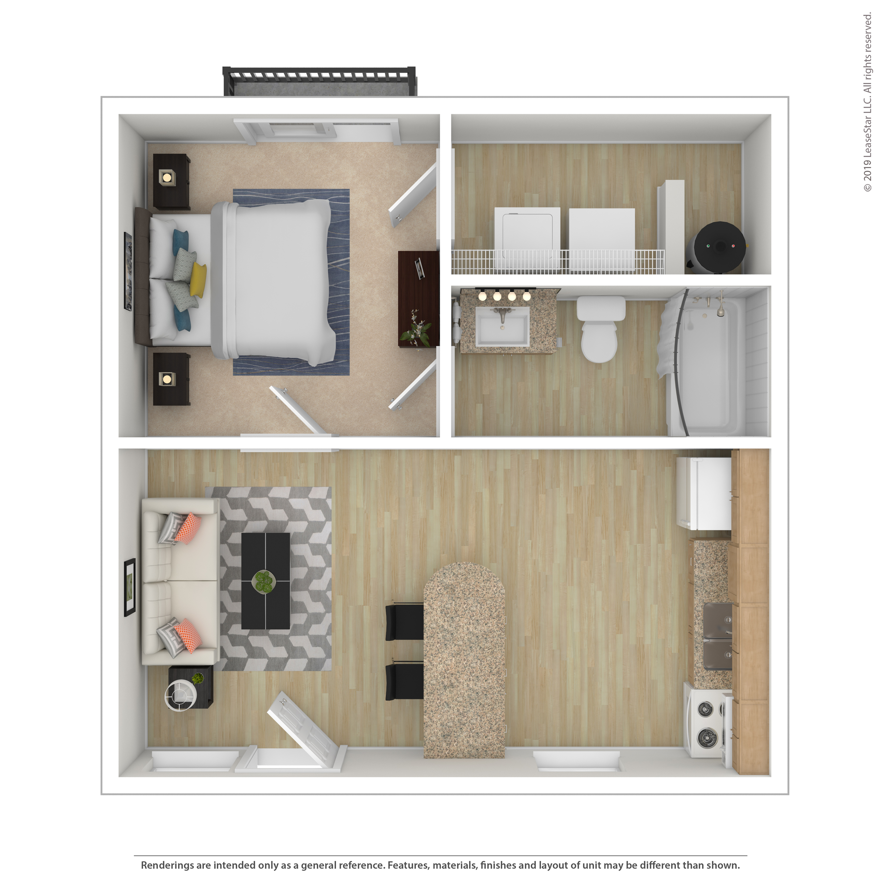 Modern 3D floor plan showcasing a cozy one-bedroom apartment with an open-concept living area, stylish kitchen, and a sleek bathroom design.