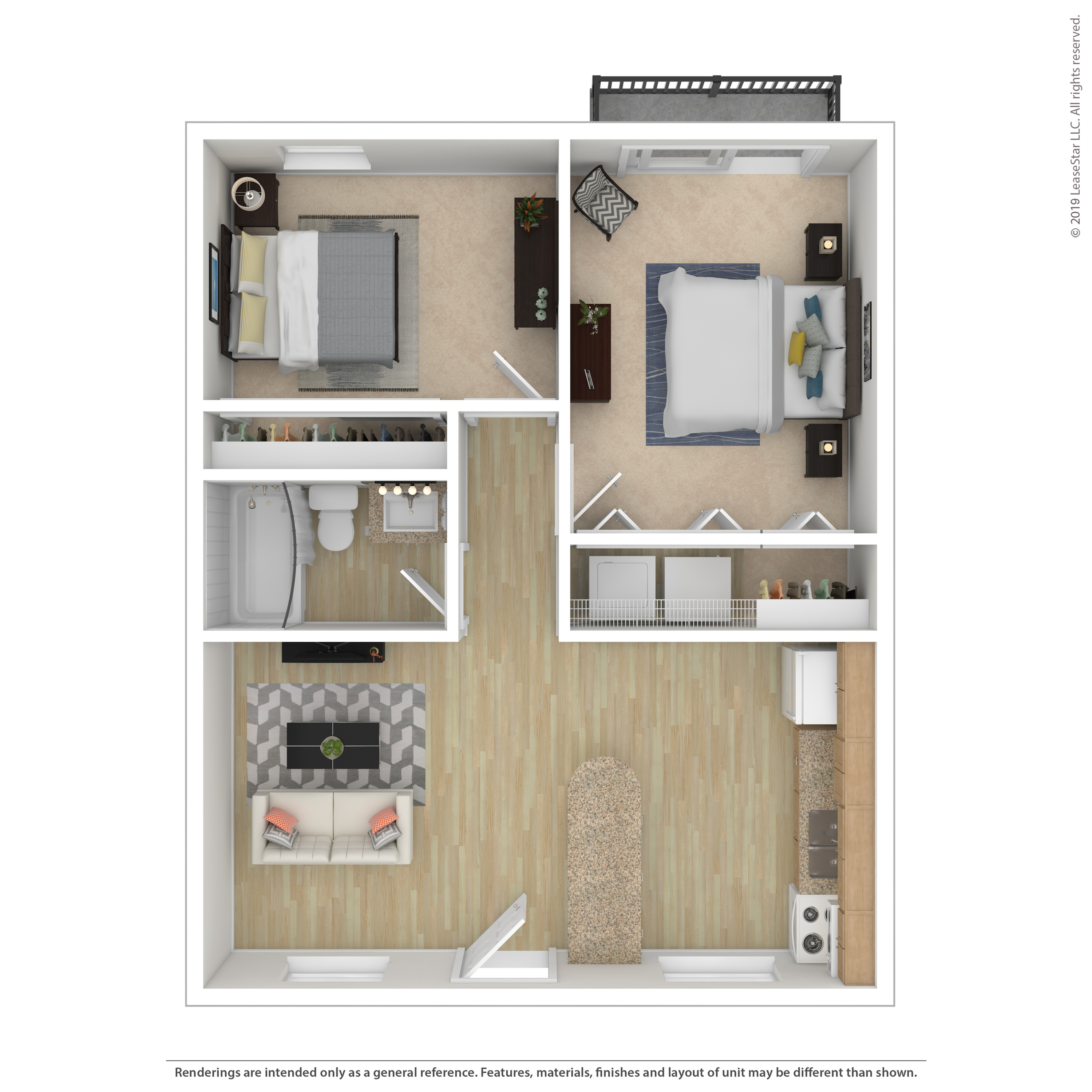 Modern 2D floor plan showcasing 2 cozy bedrooms, a spacious open-concept living room, and a fully-equipped kitchen, perfect for comfortable living.