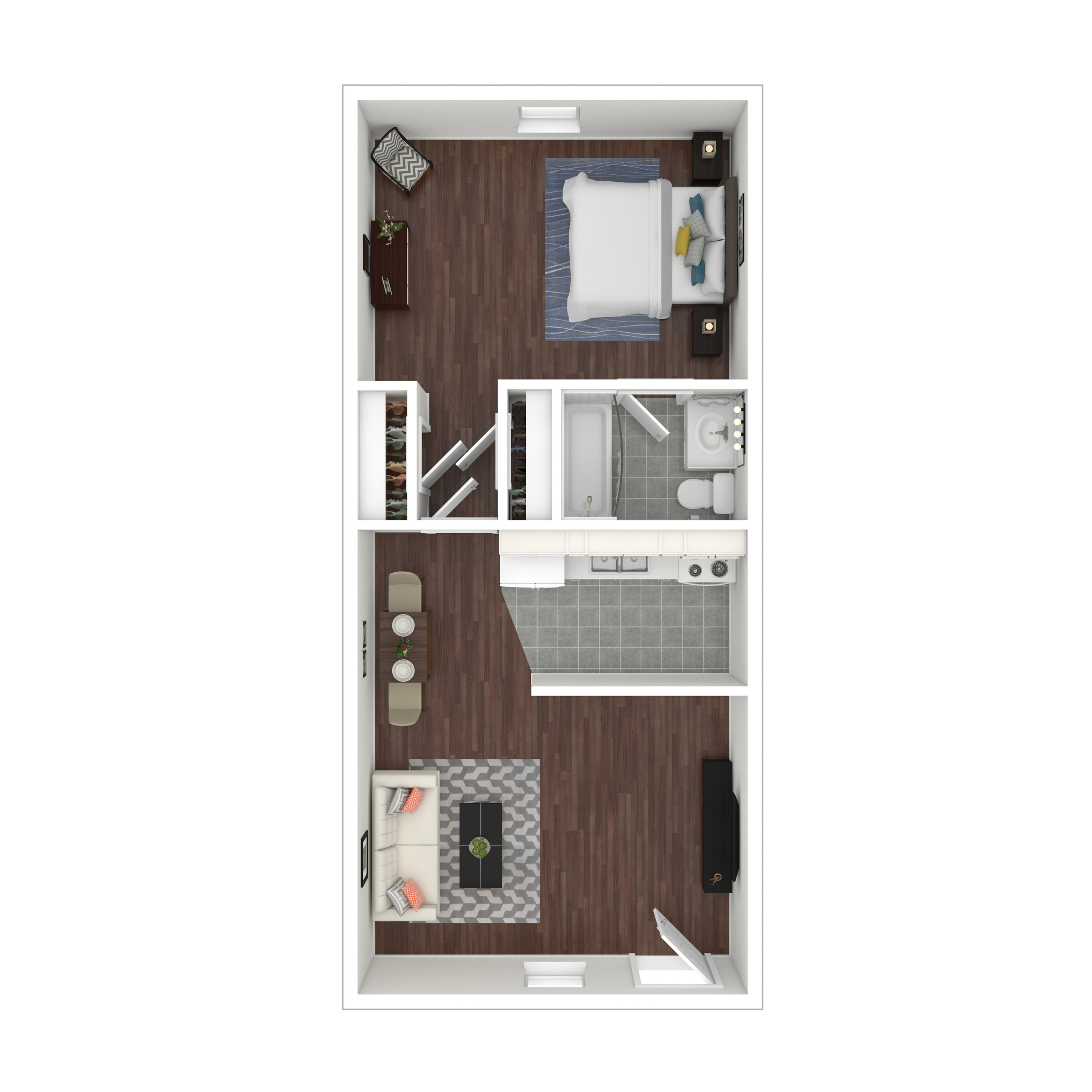 Contemporary 1-bedroom apartment floor plan with spacious living area, modern kitchen, and elegant bathroom.