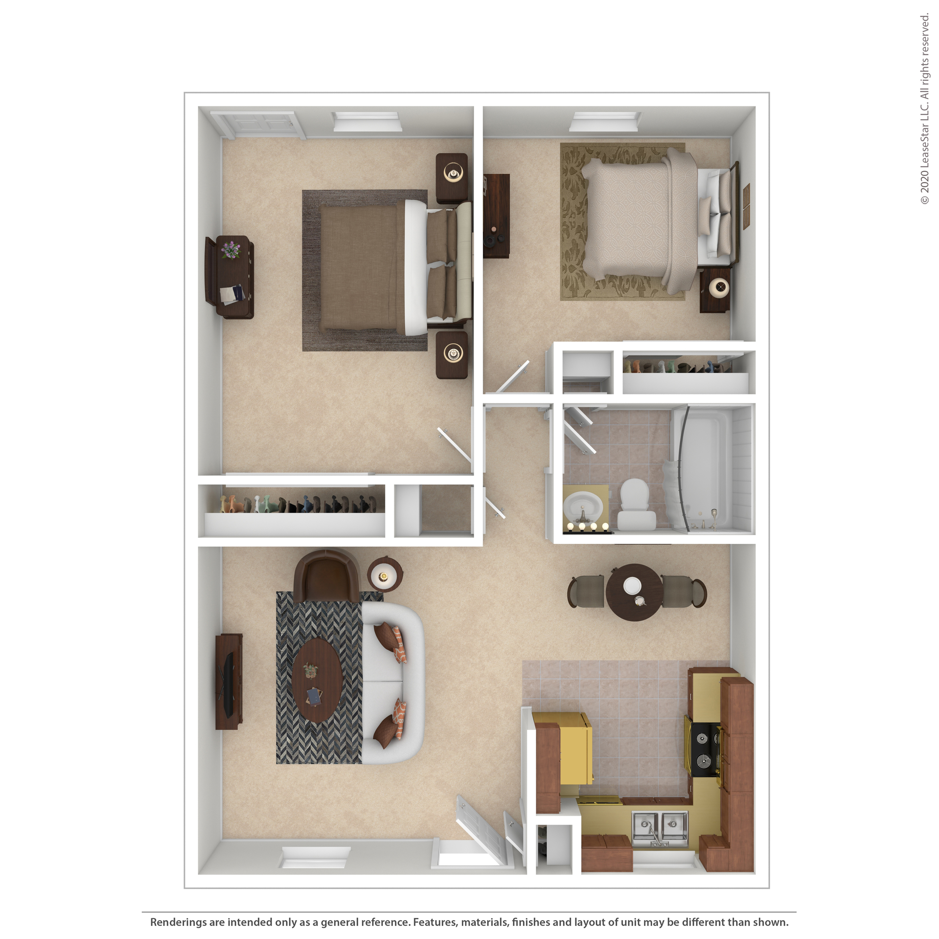 Charming 2D floor plan showcasing an inviting layout with two cozy bedrooms, a modern kitchen, elegant bathroom, and a stylish living room perfect for relaxation.