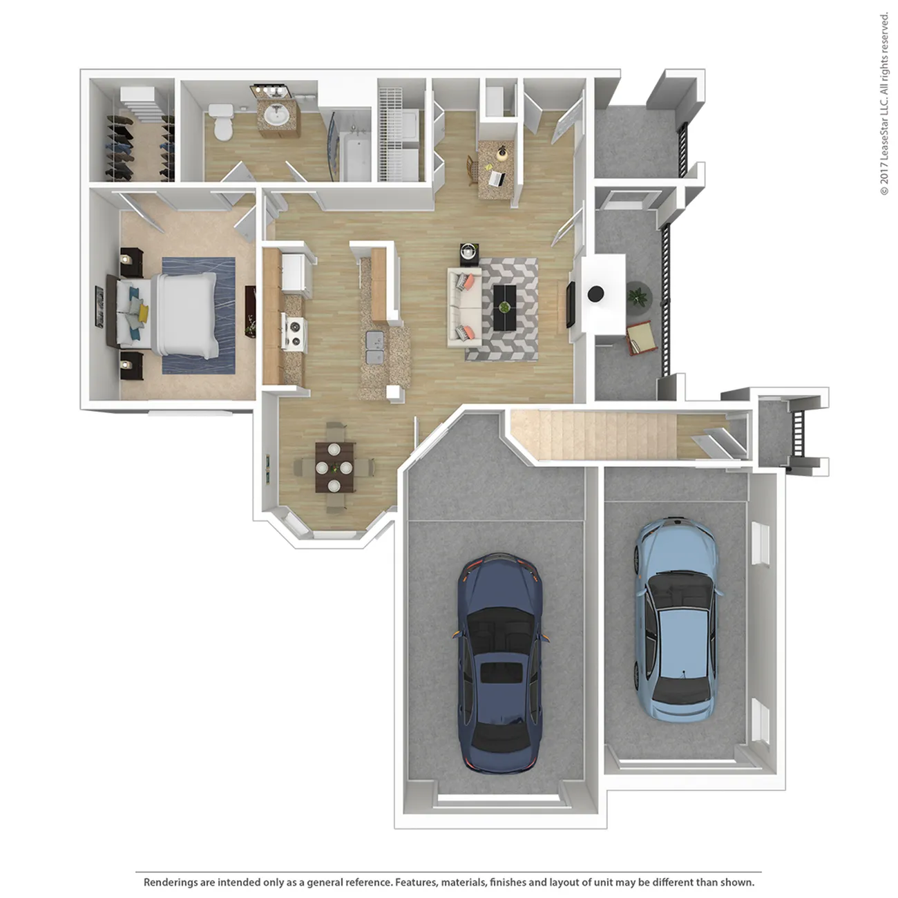 Modern 3D floor plan showcasing 1-bedroom layout with open-concept living and dining area, stylish kitchen, and dual-car garage.