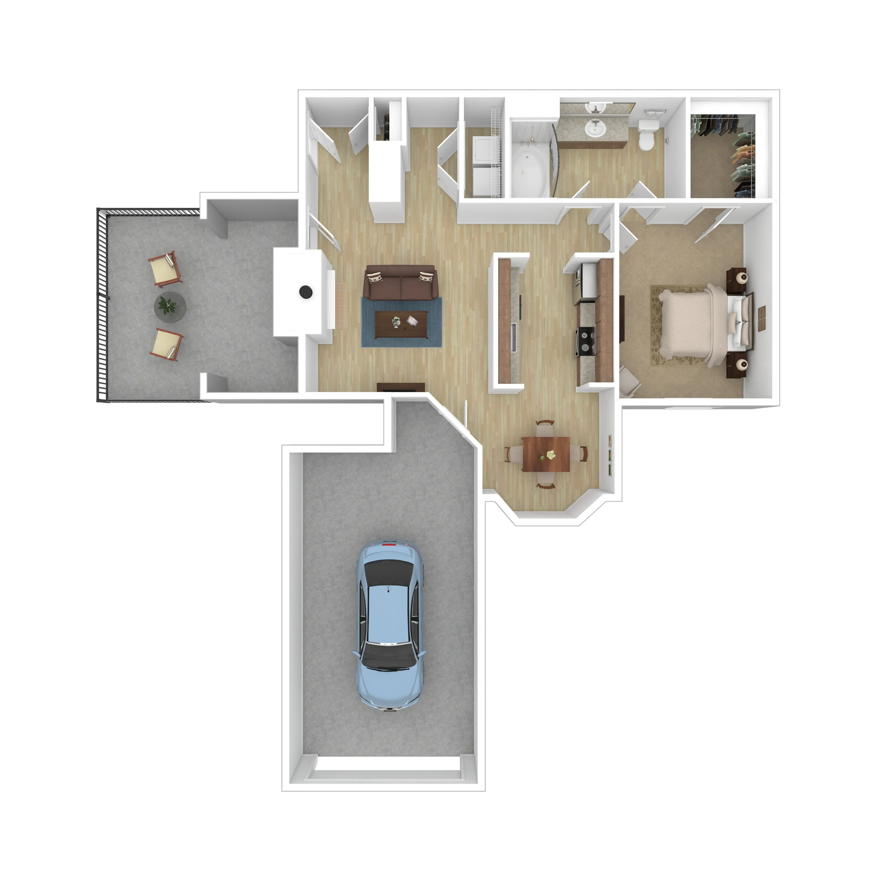 Chic floor plan featuring 1 bedroom, open living and dining area, modern kitchen, attached garage, and cozy balcony space.