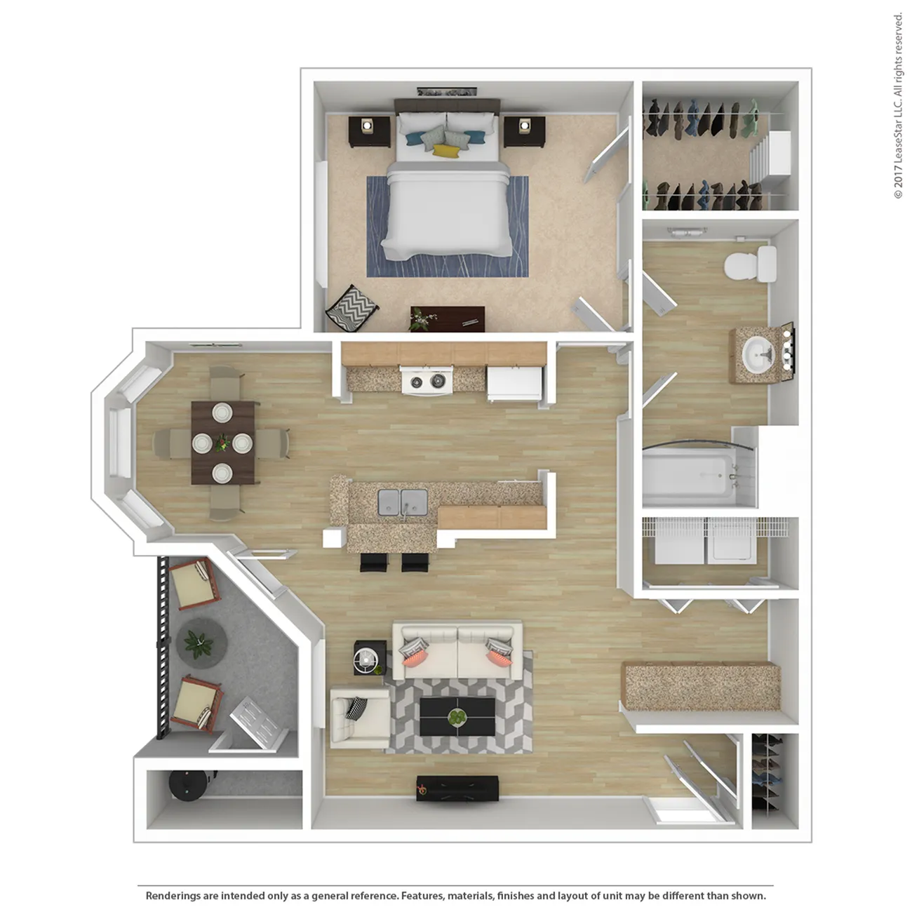 Modern 2D floor plan showcasing a spacious 1-bedroom apartment with an open kitchen, inviting living room, and elegant dining area.