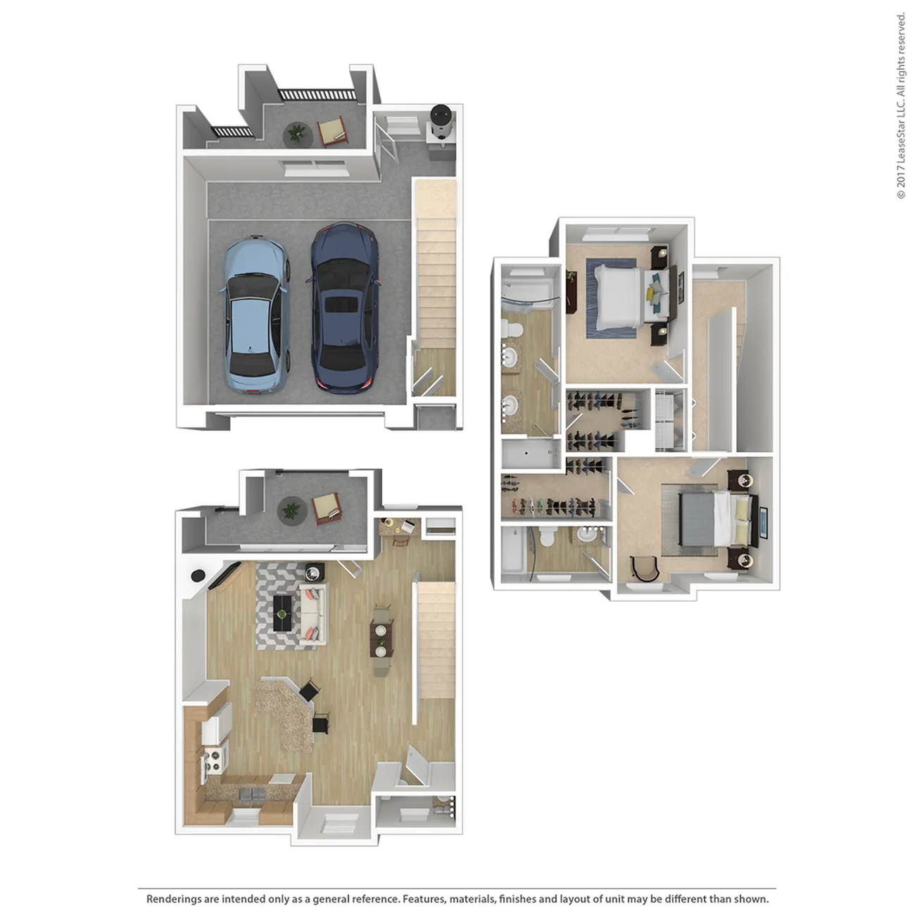 Modern 3D floor plan showcasing two stylish bedrooms, a spacious open-concept living and dining area, and a two-car garage for ultimate convenience.