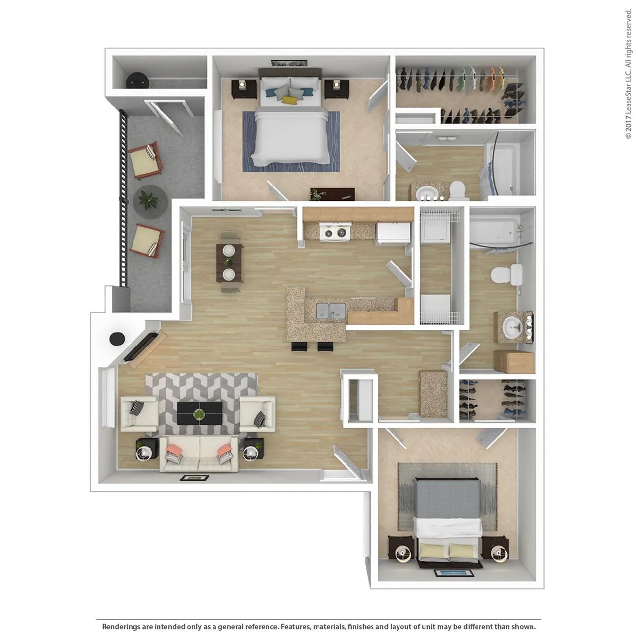 Modern 3D floor plan with 2 bedrooms, open-concept kitchen and living area, spacious balcony, and two stylish bathrooms.
