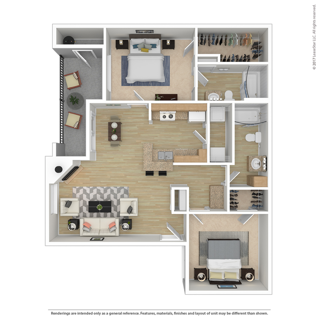 Modern 2-bedroom apartment floor plan featuring an open-concept kitchen and living room, two bathrooms, and a cozy balcony.