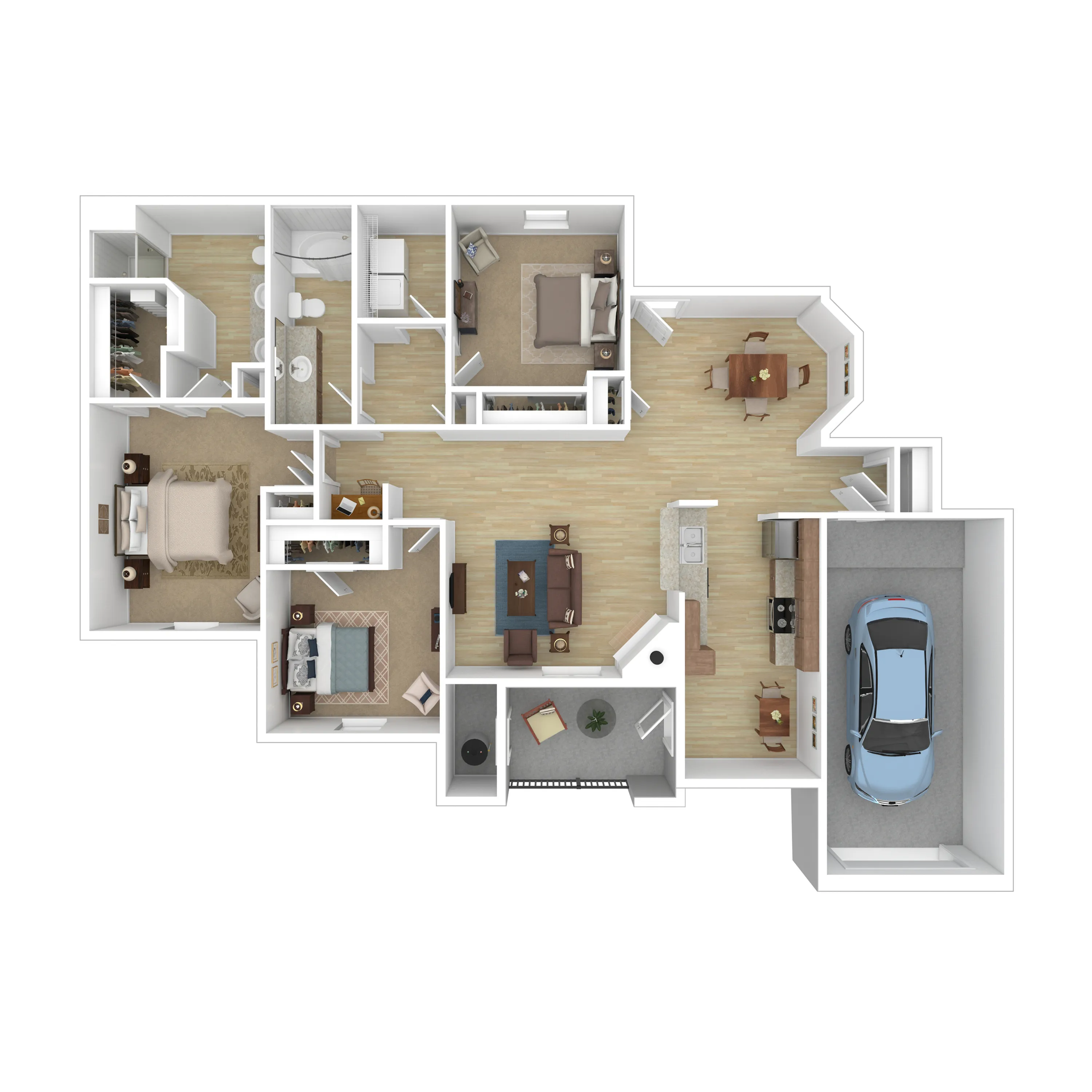 Modern 3D floor plan showcasing 3 bedrooms, a sleek kitchen, open living area, and convenient garage space.