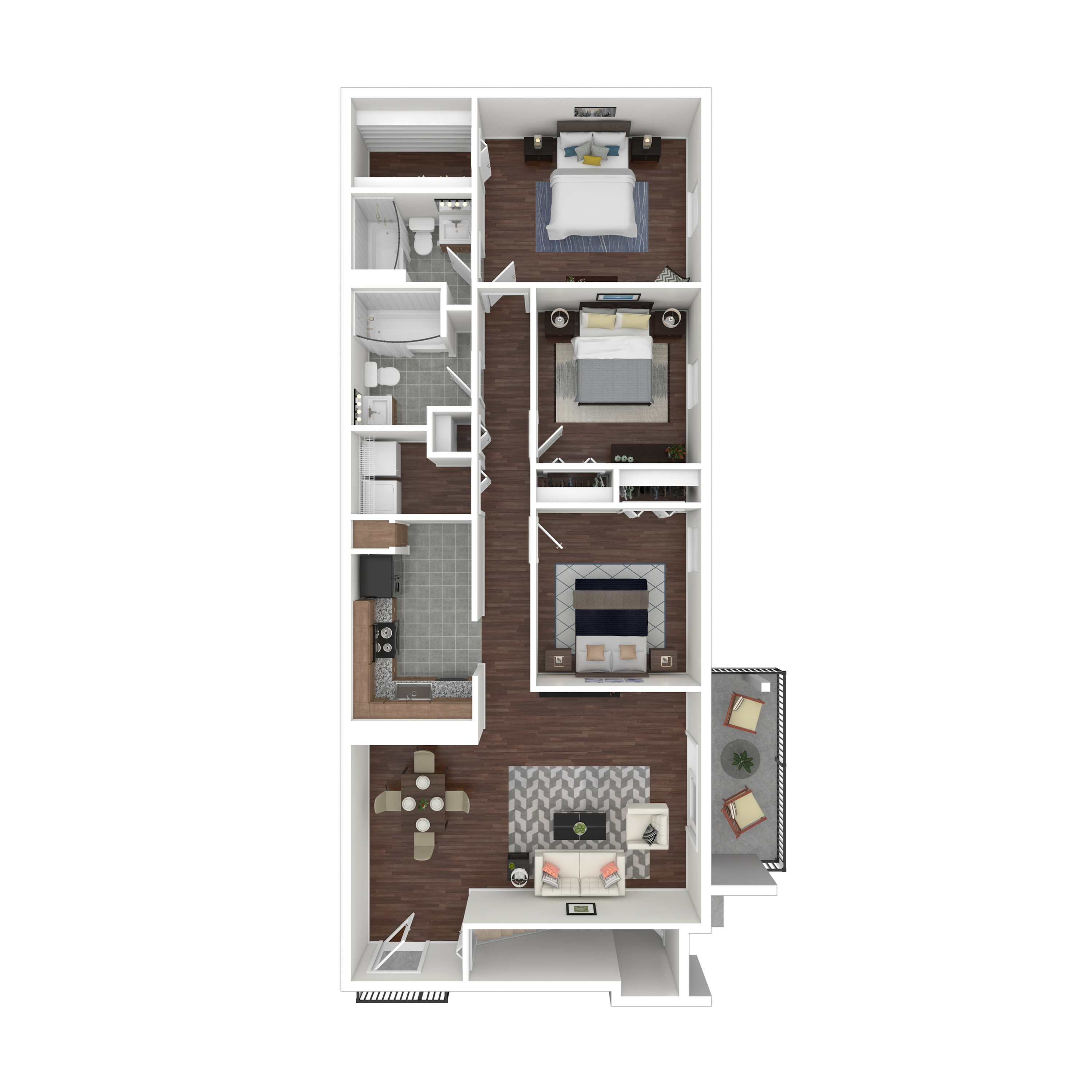 Modern 3D floor plan showcasing two spacious bedrooms, elegant living room, gourmet kitchen, and cozy balcony area.