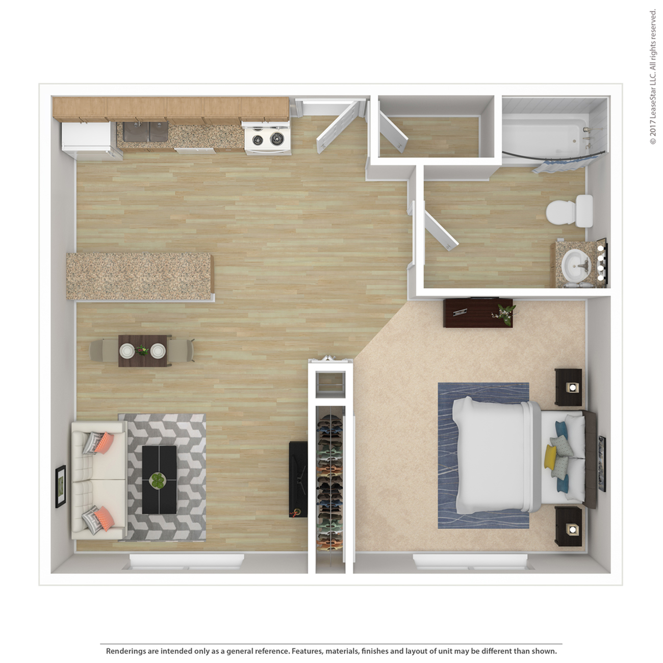 Contemporary apartment floor plan featuring a spacious open-concept living area, modern kitchen, cozy bedroom, and sleek bathroom design.