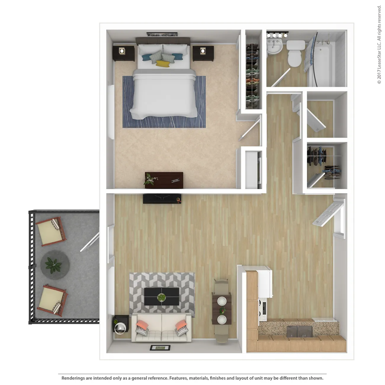 Modern floor plan showcasing a spacious one-bedroom apartment with open-concept living area, stylish kitchen, luxurious bathroom, and private balcony.