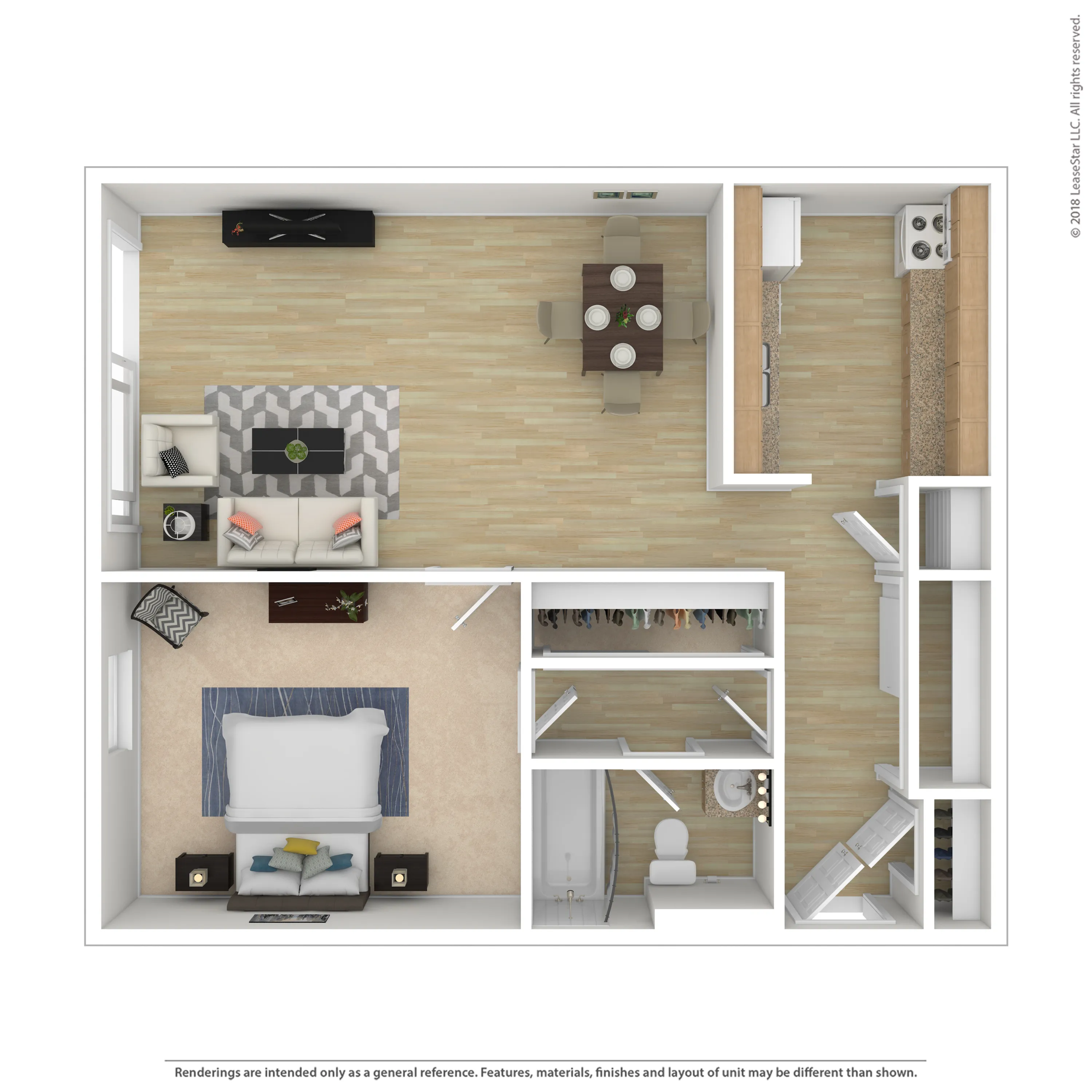 Modern open-concept floor plan featuring a cozy living area, dining space, stylish kitchen, spacious bedroom, and a sleek bathroom.